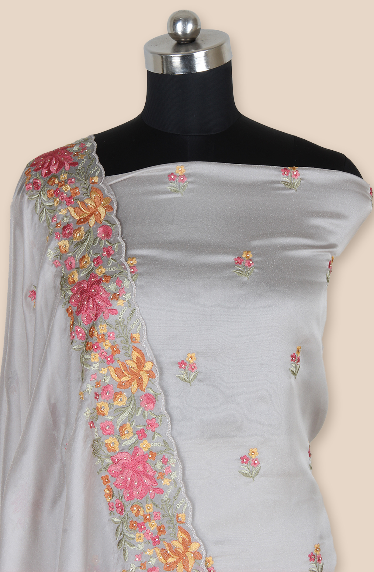 Grey Organza Partywear Embroidered Salwar Kameez with Trendy Dupatta - 838-1950A