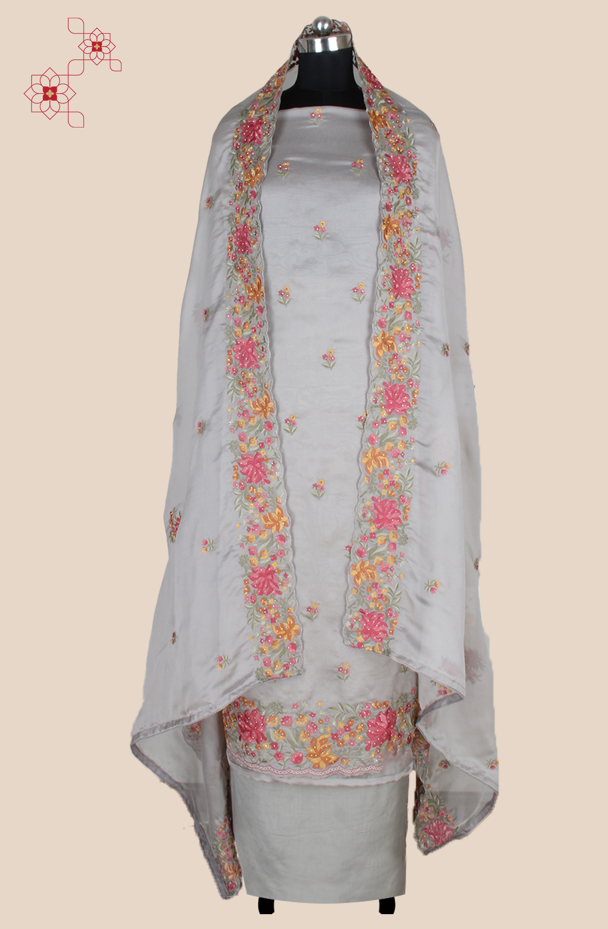 Grey Organza Partywear Embroidered Salwar Kameez with Trendy Dupatta - 838-1950A
