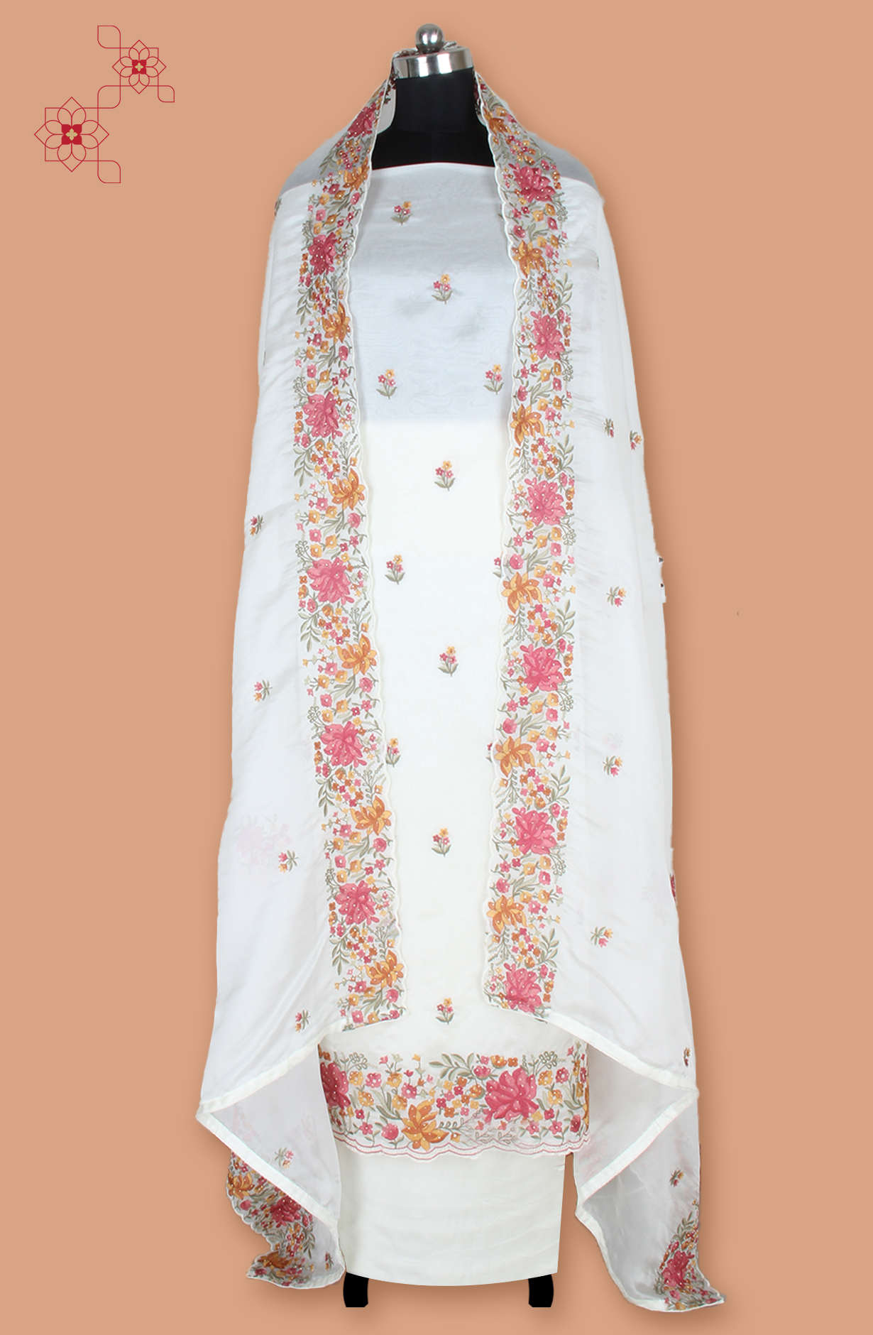 Cream Organza Partywear Embroidered Salwar Kameez with Trendy Dupatta - 838-1950C