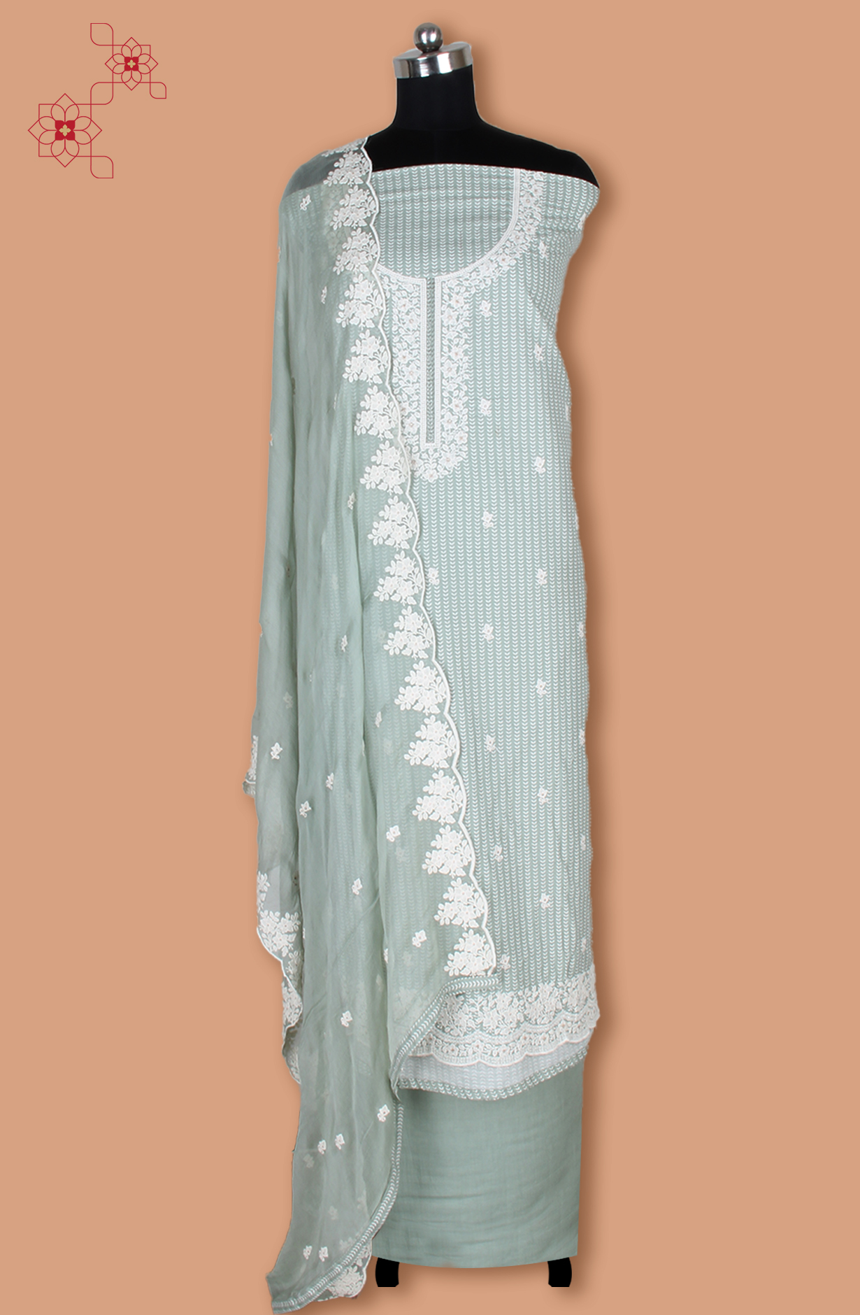 Green Linen Printed Unstitched Suit with Chiffon Dupatta - 838-1961A