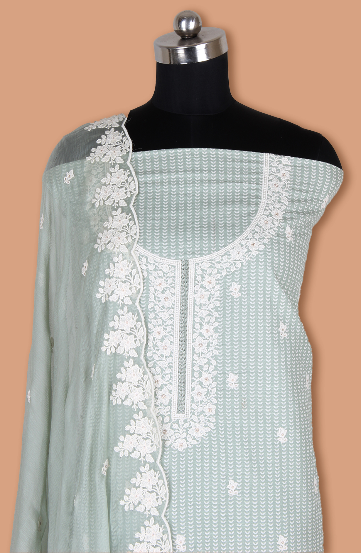 Green Linen Printed Unstitched Suit with Chiffon Dupatta - 838-1961A