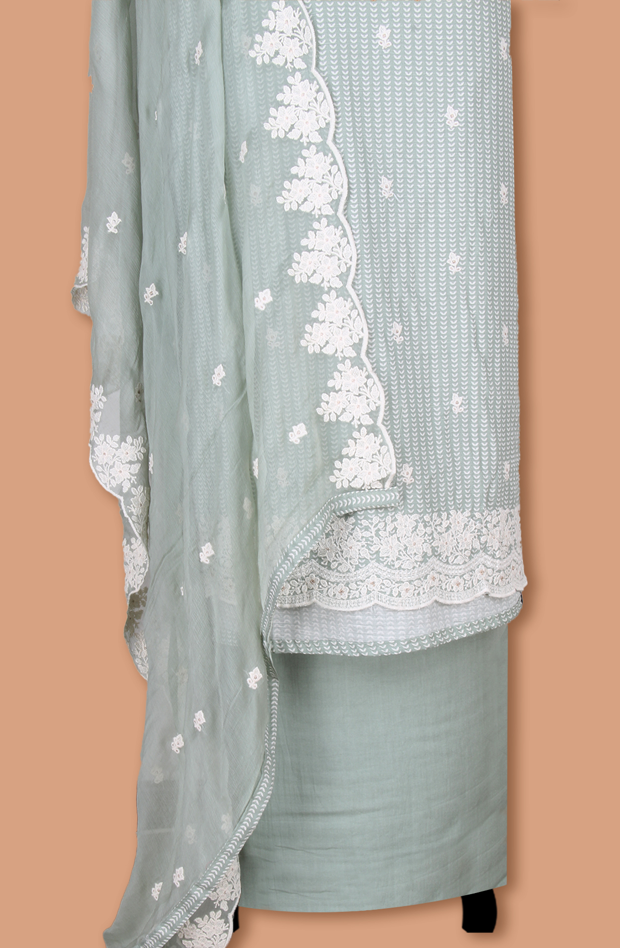 Green Linen Printed Unstitched Suit with Chiffon Dupatta - 838-1961A