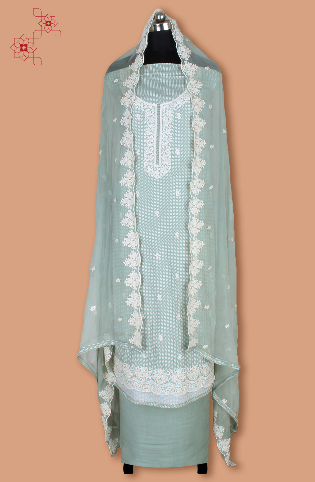 Green Linen Printed Unstitched Suit with Chiffon Dupatta - 838-1961A