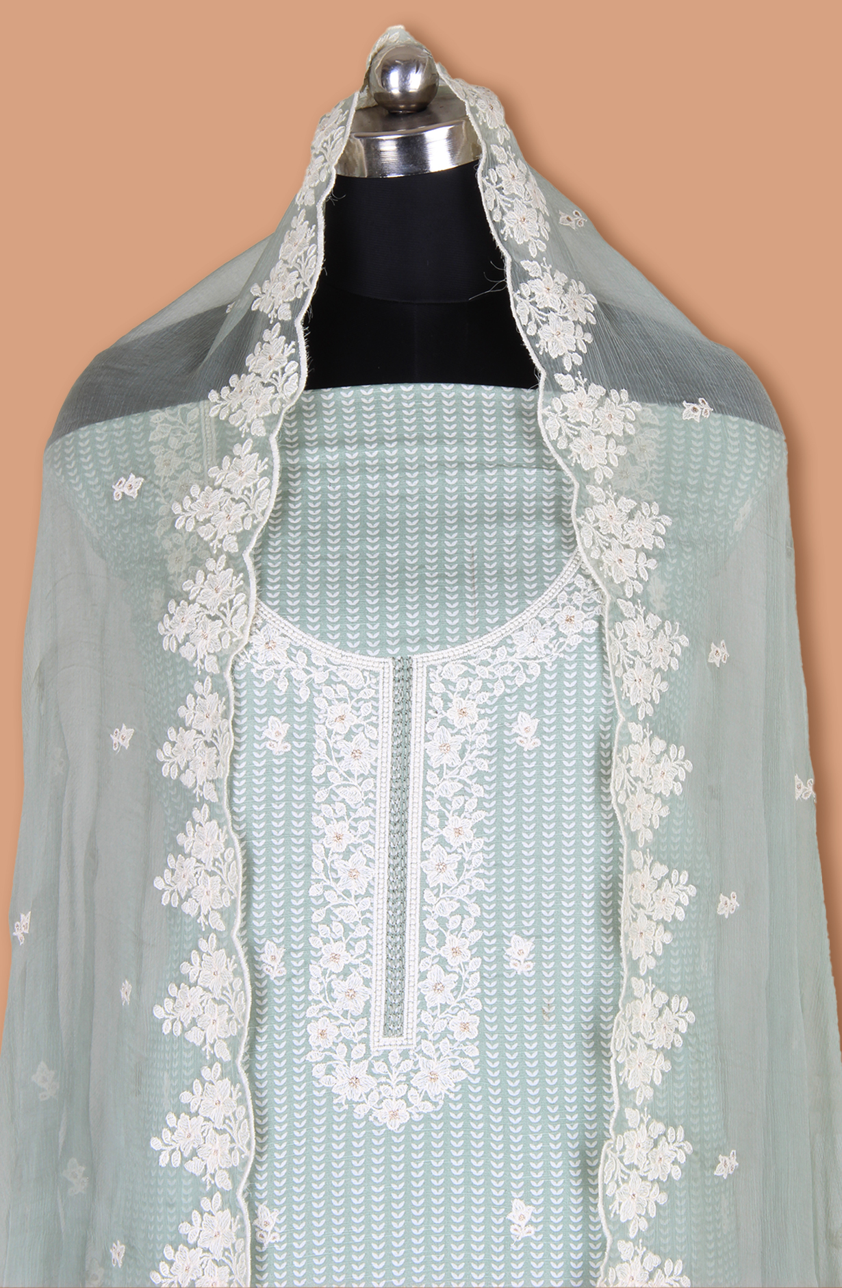 Green Linen Printed Unstitched Suit with Chiffon Dupatta - 838-1961A