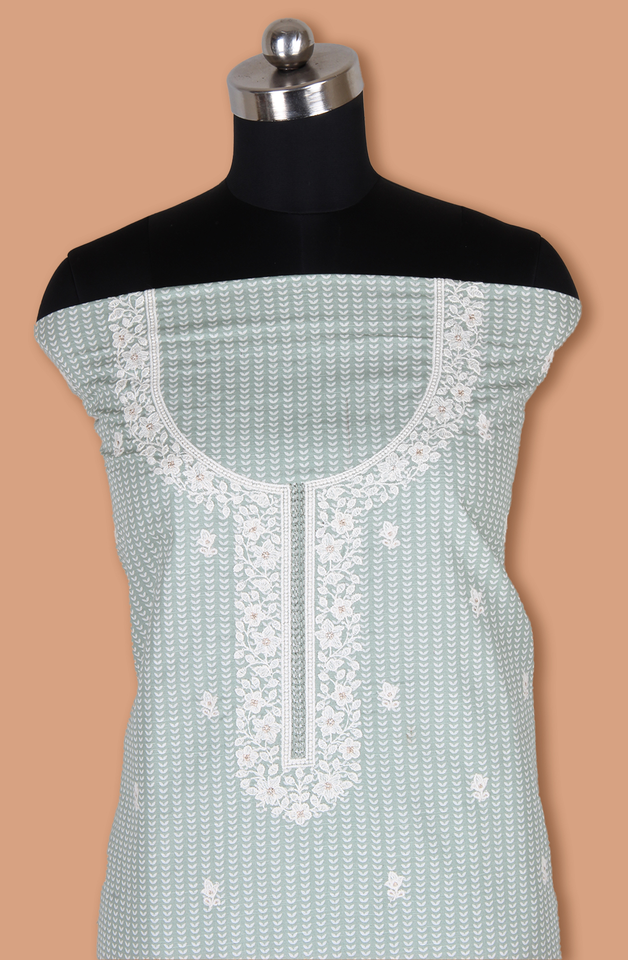 Green Linen Printed Unstitched Suit with Chiffon Dupatta - 838-1961A