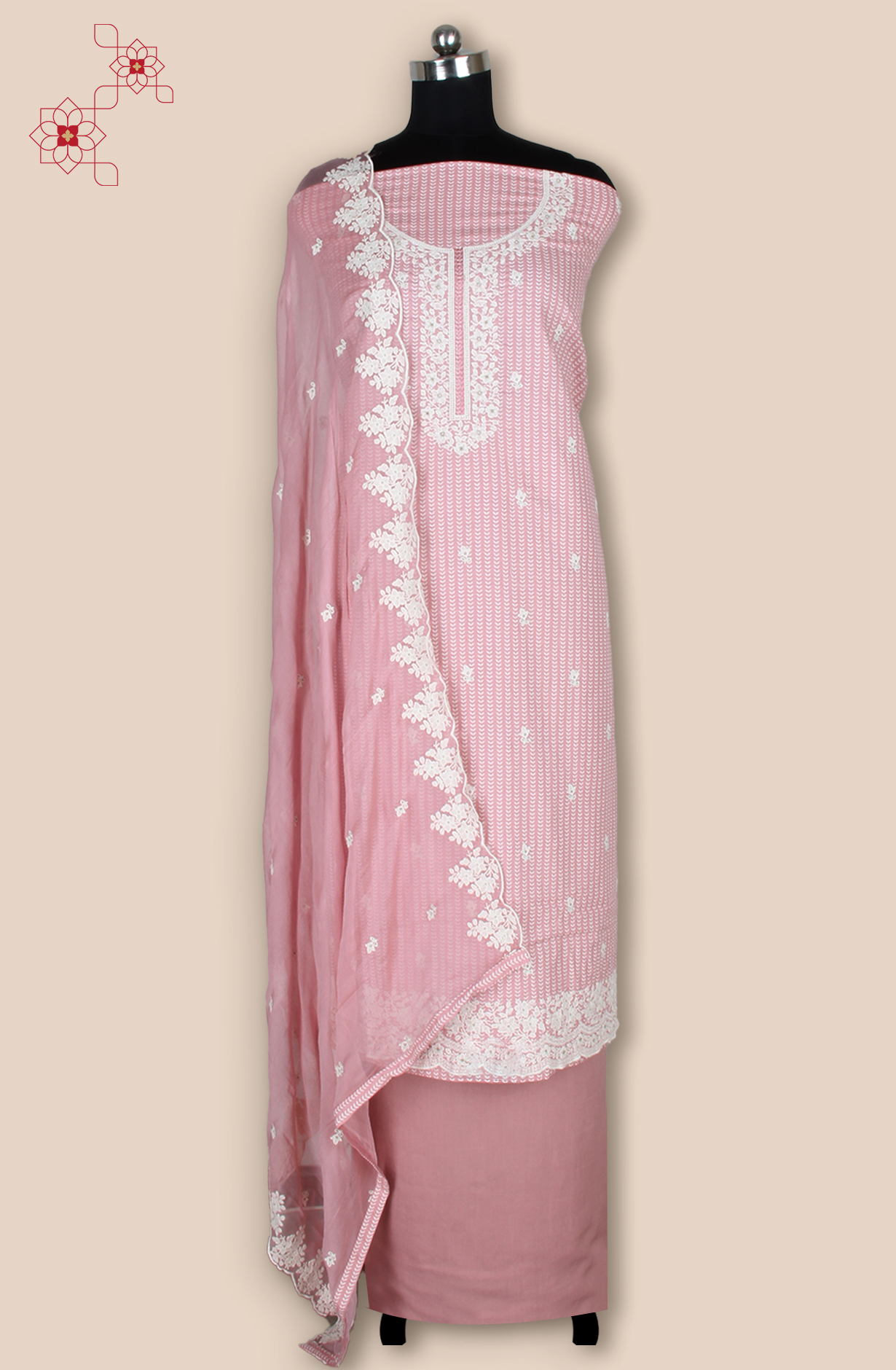 Pink Linen Printed Unstitched Suit with Chiffon Dupatta - 838-1961B
