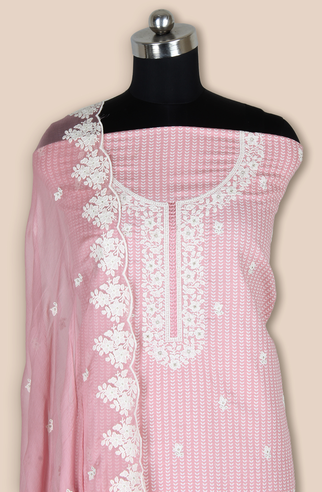 Pink Linen Printed Unstitched Suit with Chiffon Dupatta - 838-1961B