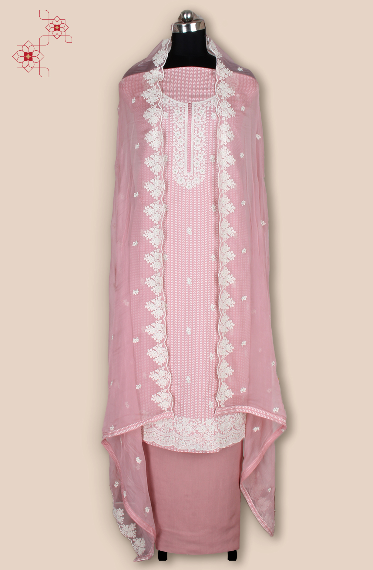 Pink Linen Printed Unstitched Suit with Chiffon Dupatta - 838-1961B