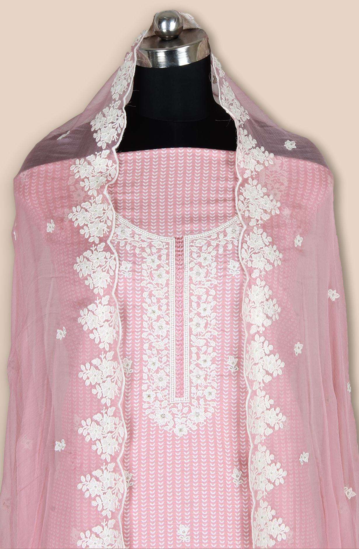 Pink Linen Printed Unstitched Suit with Chiffon Dupatta - 838-1961B