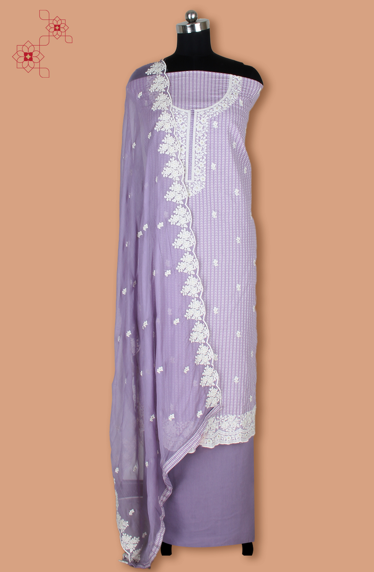 Purple Linen Printed Unstitched Suit with Chiffon Dupatta - 838-1961D