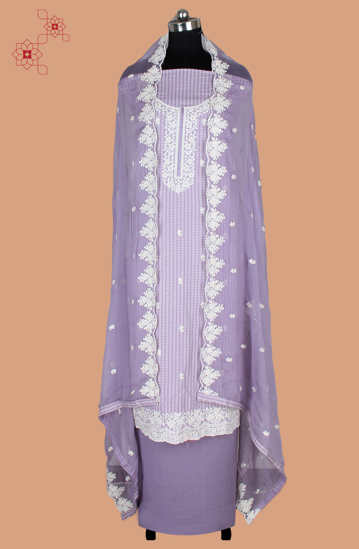 Purple Linen Printed Unstitched Suit with Chiffon Dupatta - 838-1961D