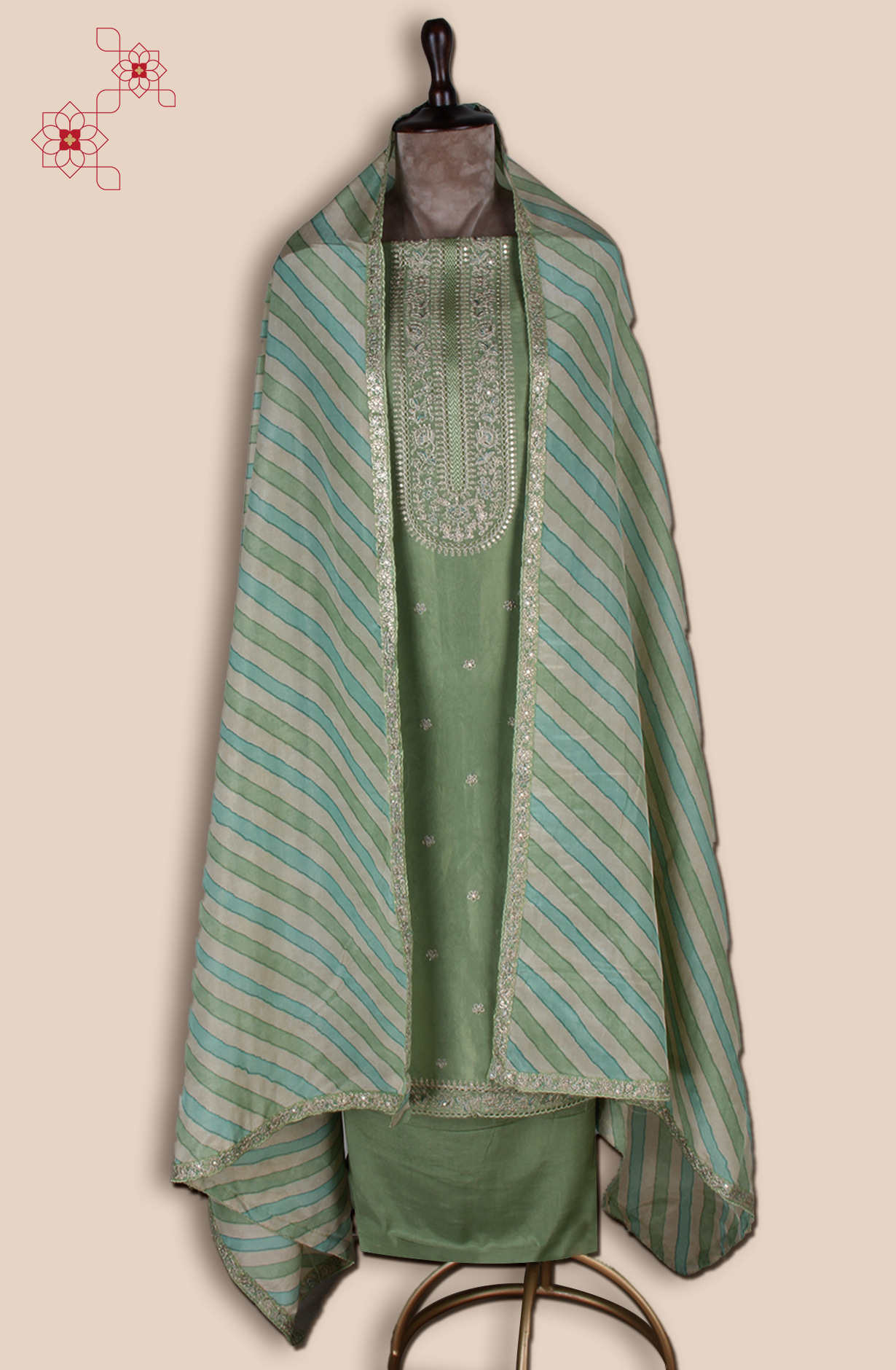 Green Tissue Silk Unstitched Salwar Suit - 838-2157B