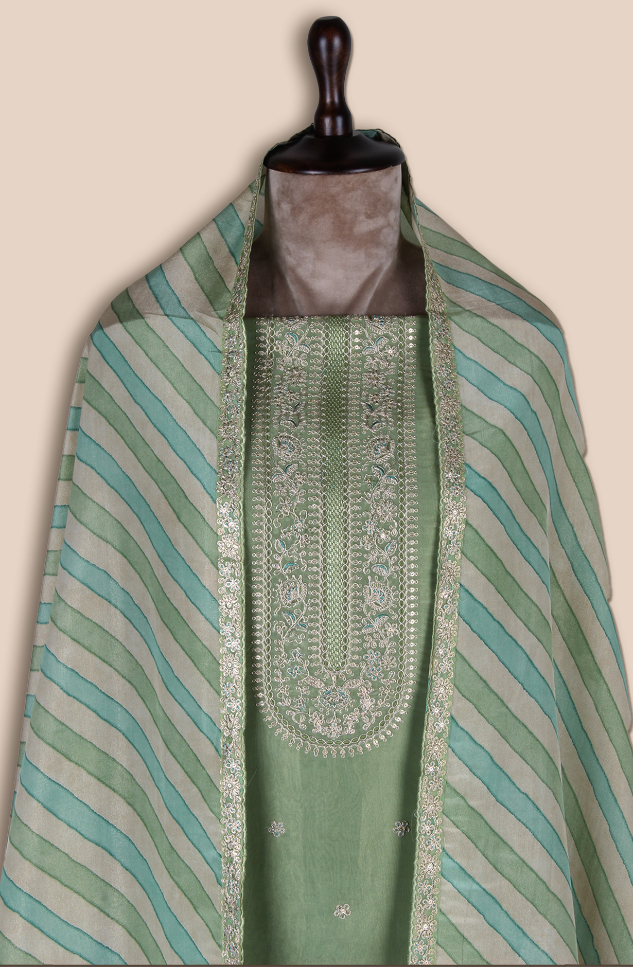 Green Tissue Silk Unstitched Salwar Suit - 838-2157B