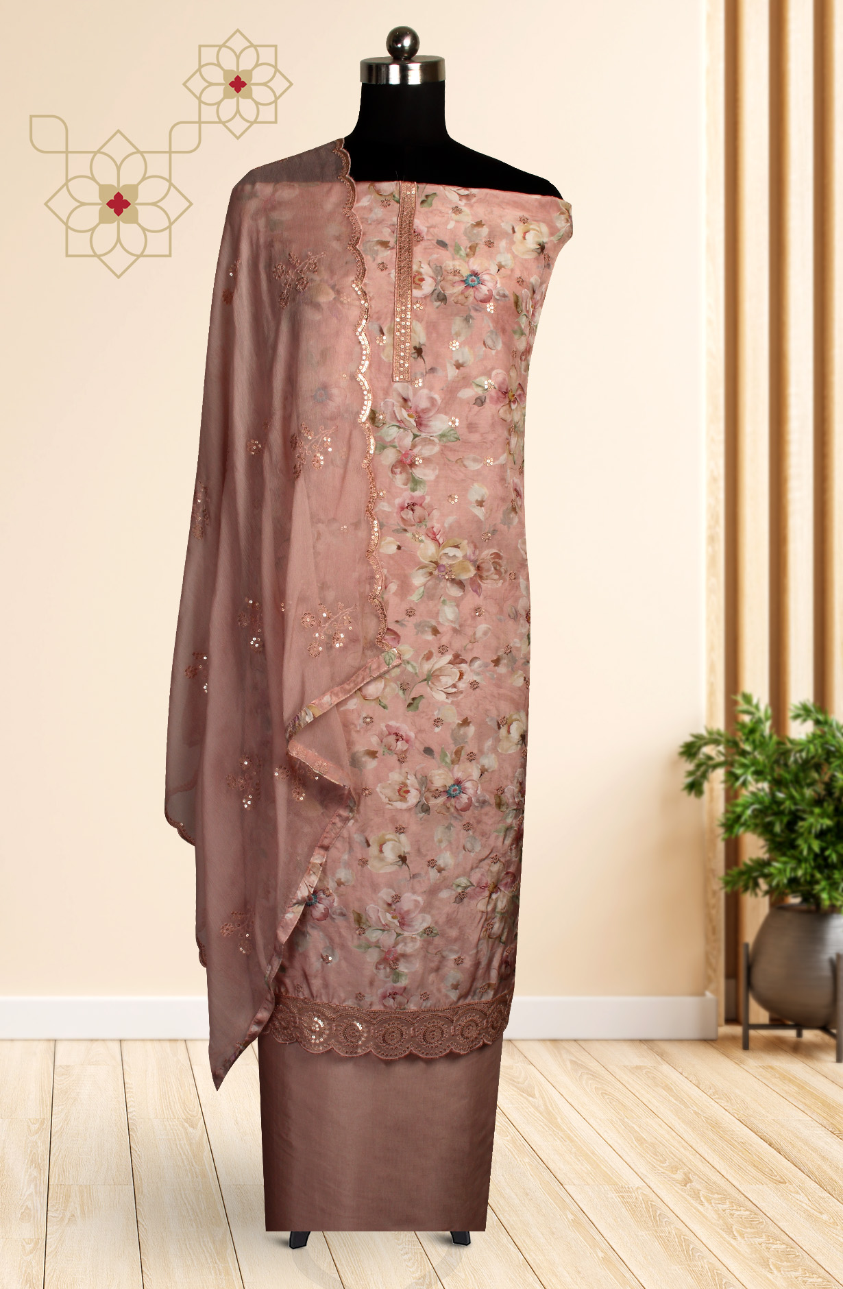 Pink Beautiful Muslin Unstitched Salwar Suit with Chiffon Dupatta - 838-269C