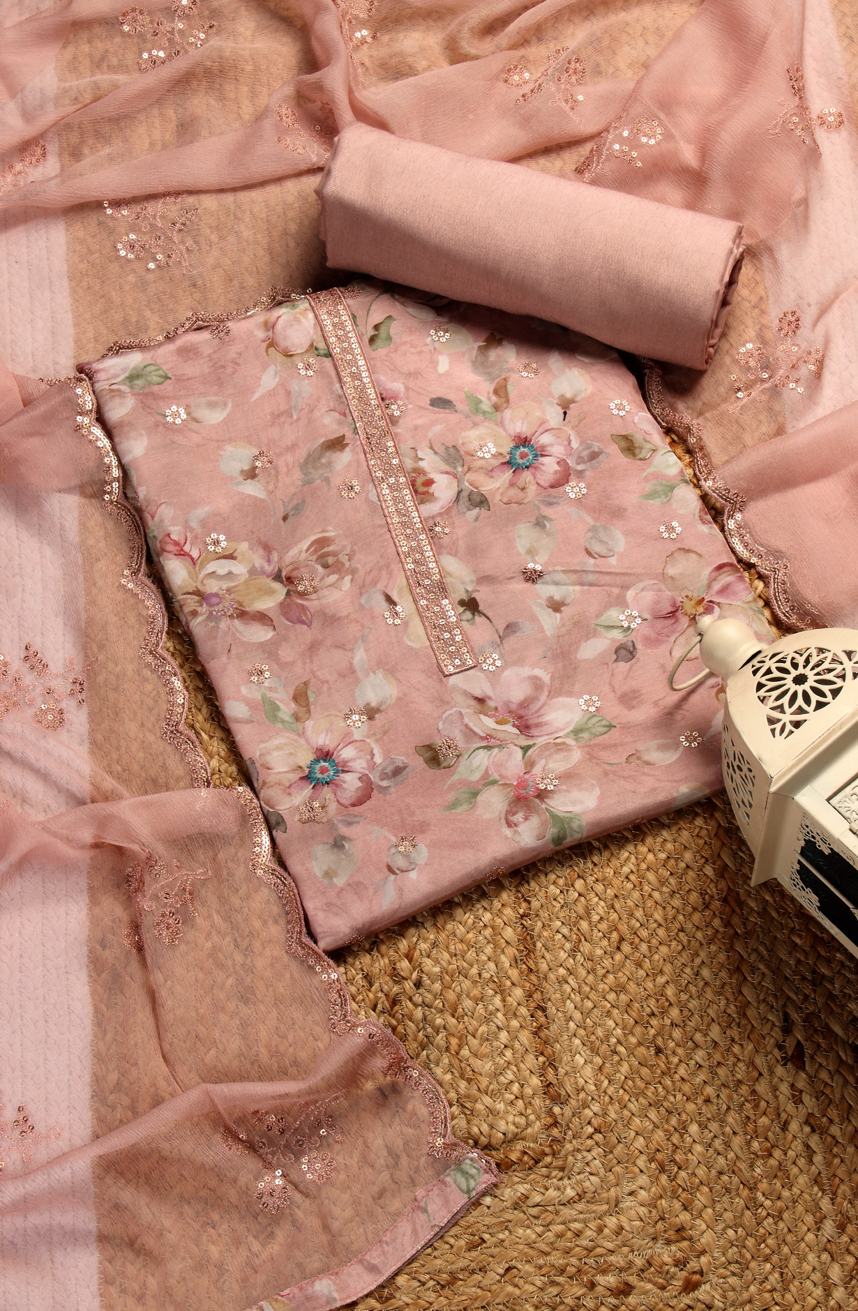 Pink Beautiful Muslin Unstitched Salwar Suit with Chiffon Dupatta - 838-269C