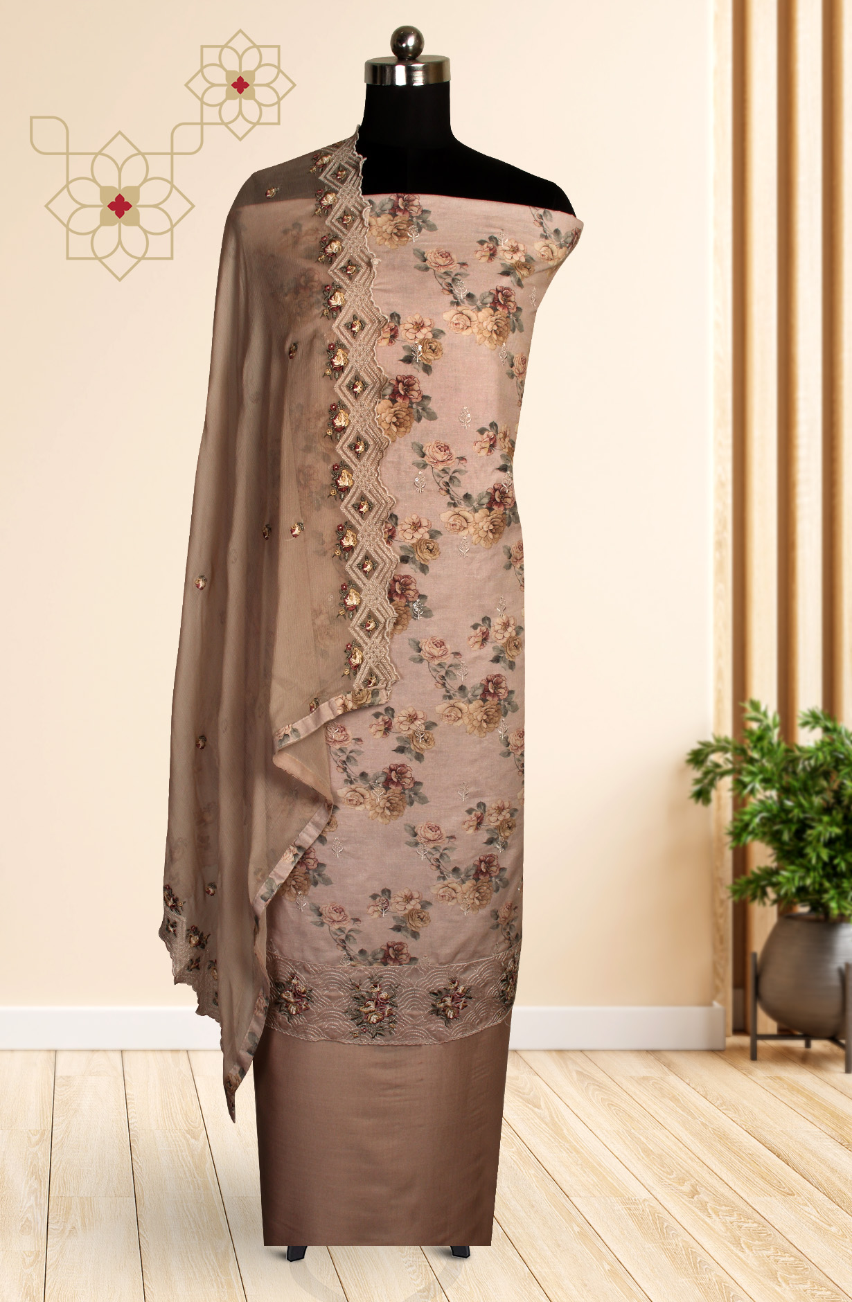 Beige Beautiful Cotton Unstitched Salwar Suit with Chiffon Dupatta - 838-276B