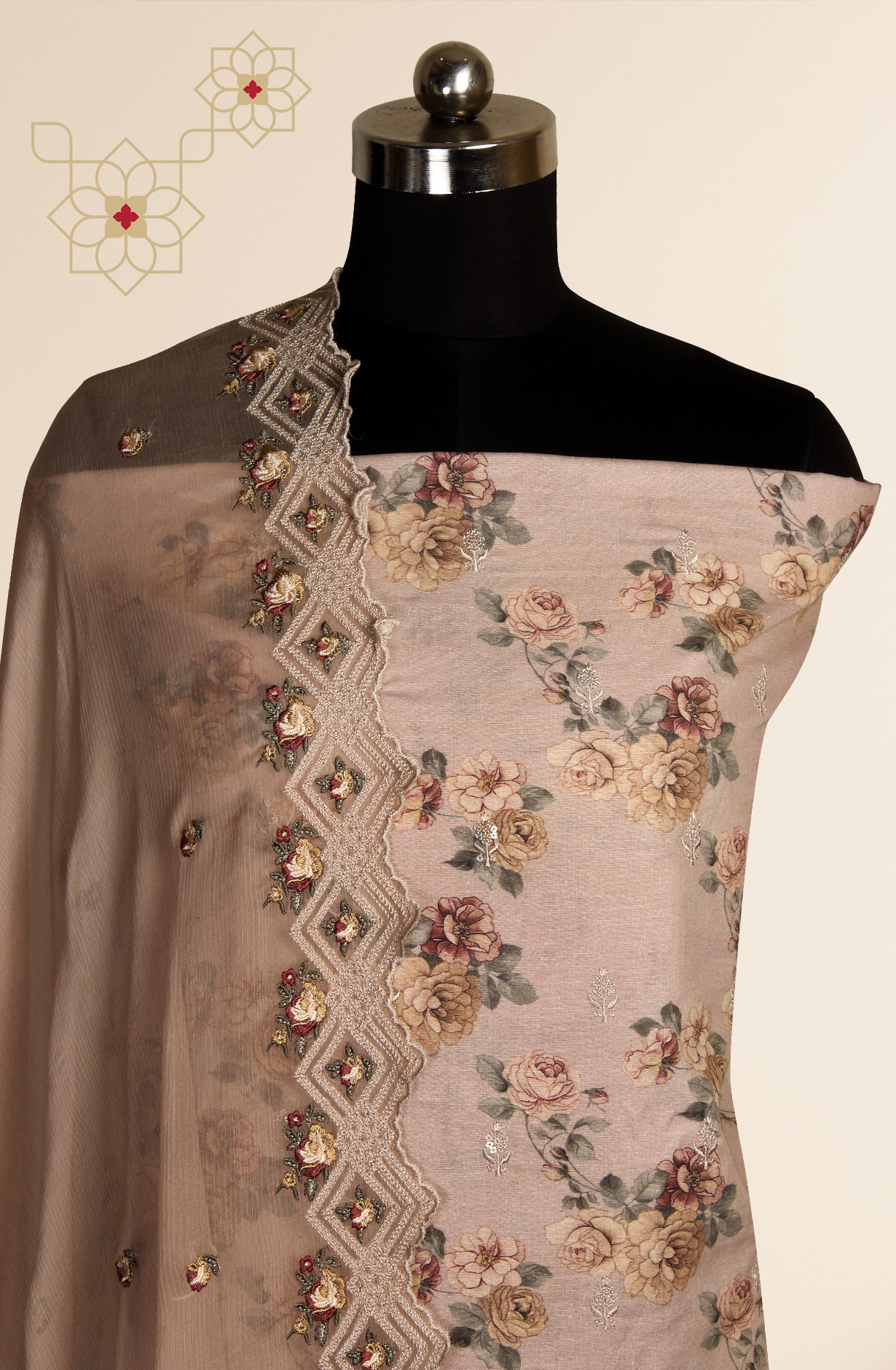 Beige Beautiful Cotton Unstitched Salwar Suit with Chiffon Dupatta - 838-276B