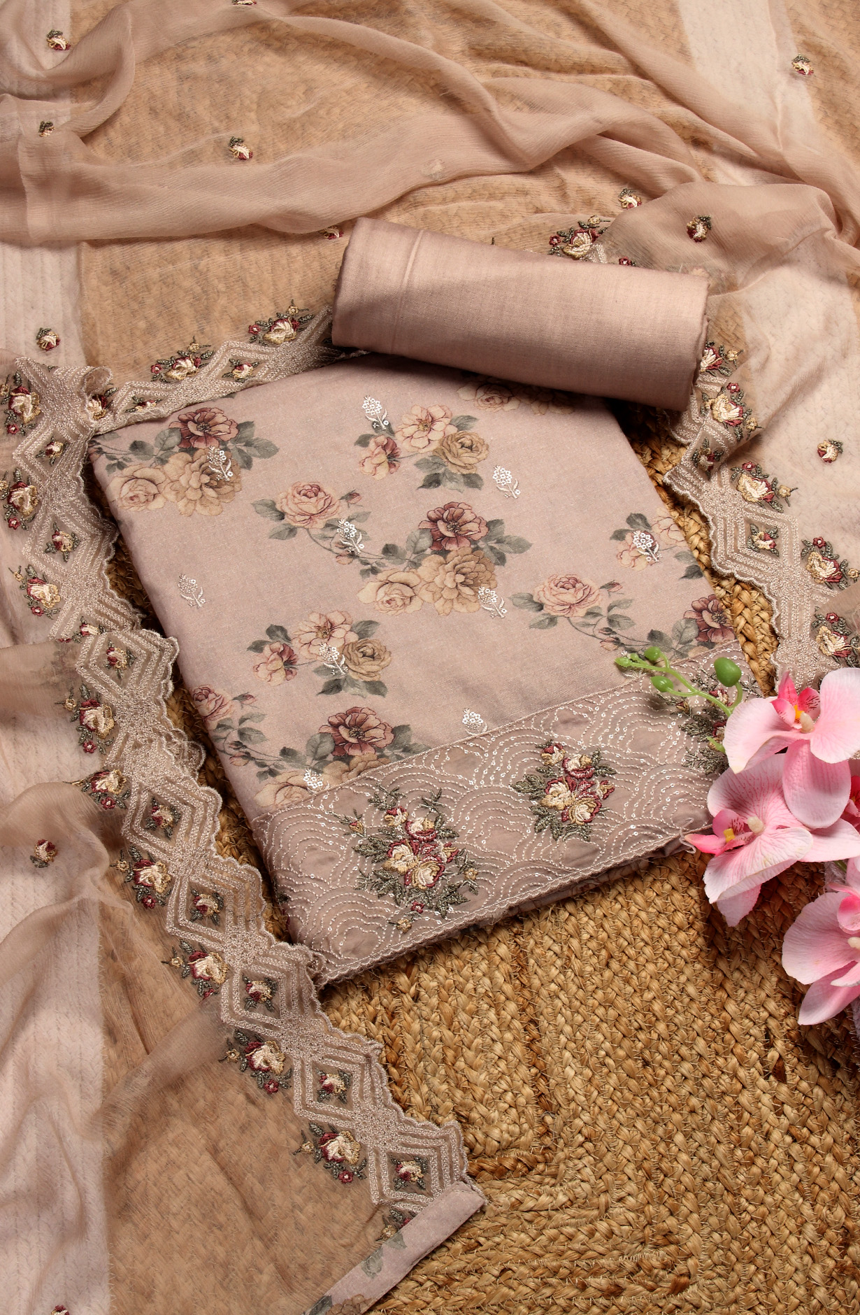 Beige Beautiful Cotton Unstitched Salwar Suit with Chiffon Dupatta - 838-276B