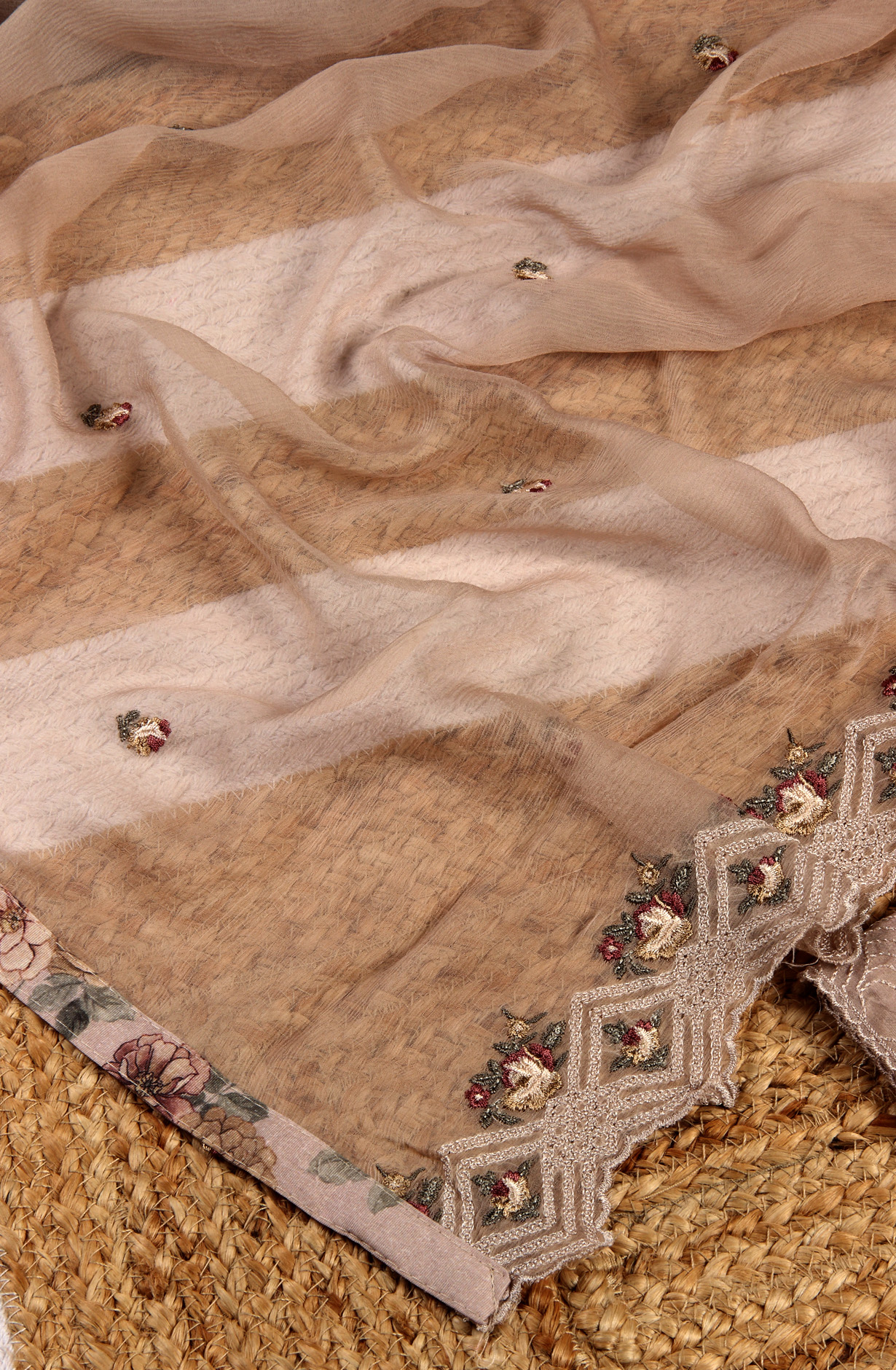 Beige Beautiful Cotton Unstitched Salwar Suit with Chiffon Dupatta - 838-276B