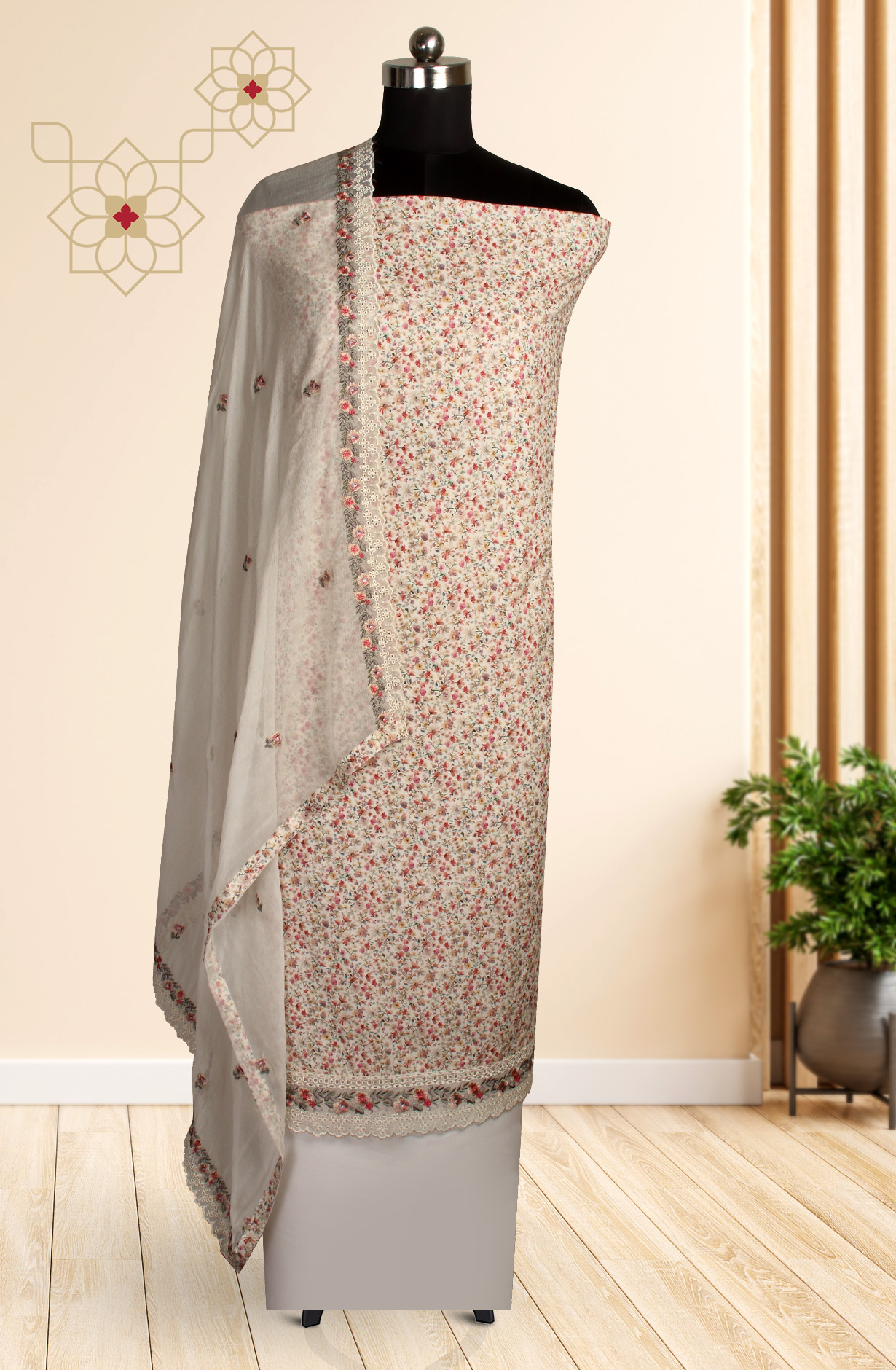 Cream Beautiful Cotton Unstitched Salwar Suit with Chiffon Dupatta - 838-289A