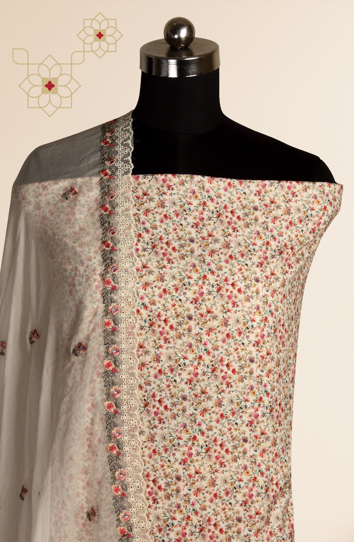 Cream Beautiful Cotton Unstitched Salwar Suit with Chiffon Dupatta - 838-289A