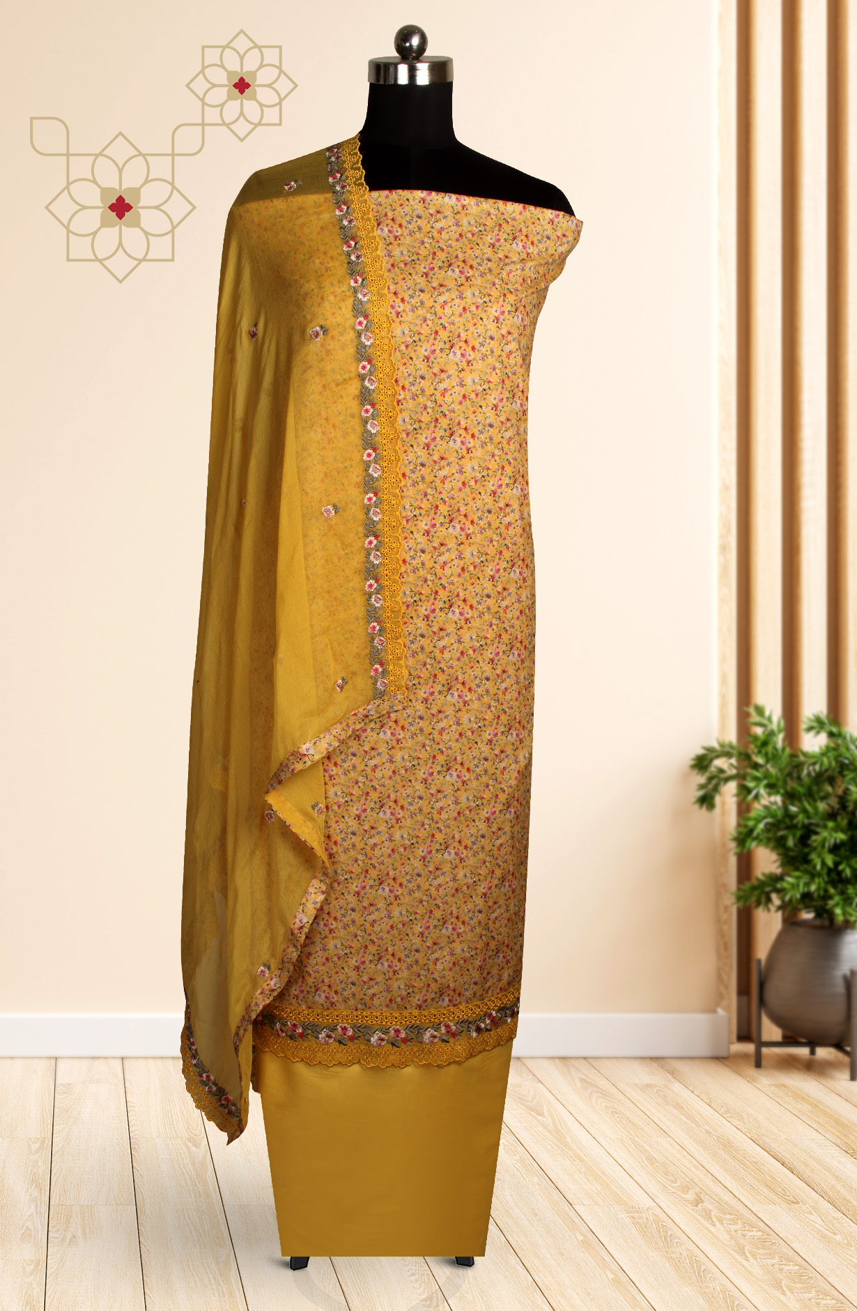 Mustard Beautiful Cotton Unstitched Salwar Suit with Chiffon Dupatta - 838-289B