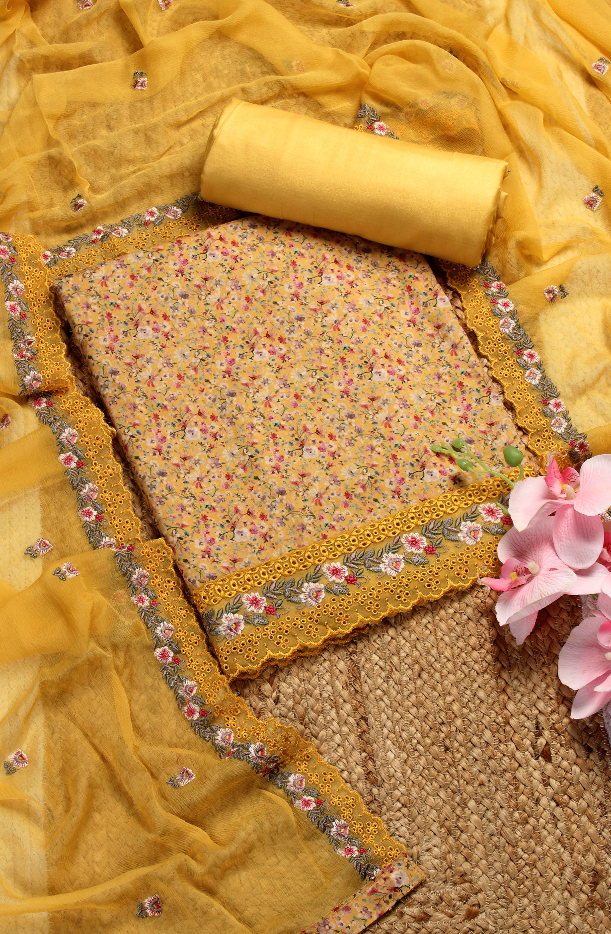 Mustard Beautiful Cotton Unstitched Salwar Suit with Chiffon Dupatta - 838-289B