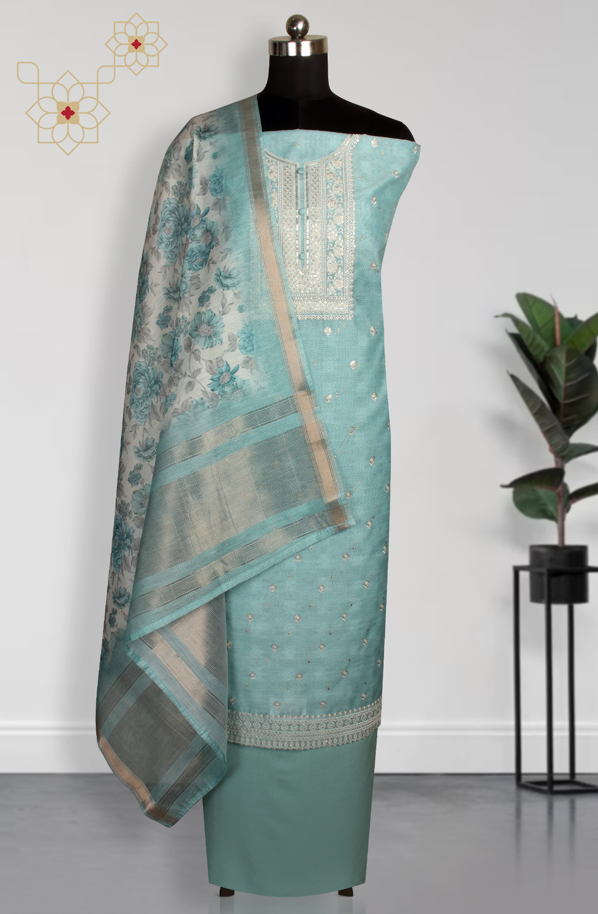 Sea Green Chanderi Festive Unstitched Salwar Kameez - 838-314A