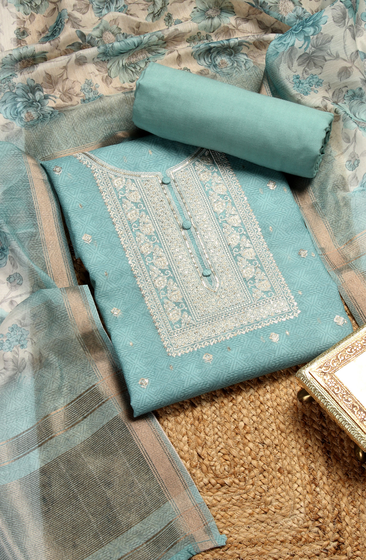 Sea Green Chanderi Festive Unstitched Salwar Kameez - 838-314A