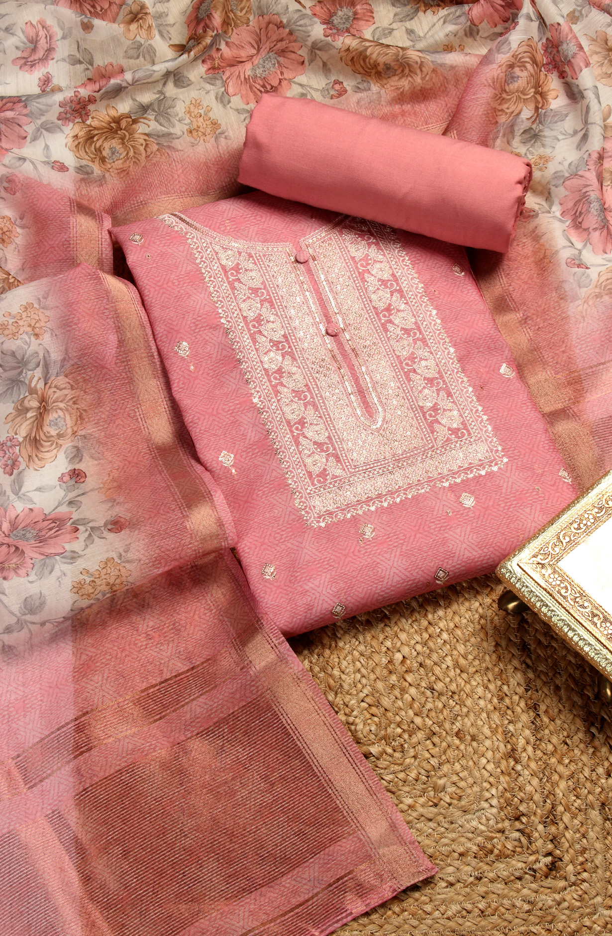 Pink Chanderi Festive Unstitched Salwar Kameez - 838-314C