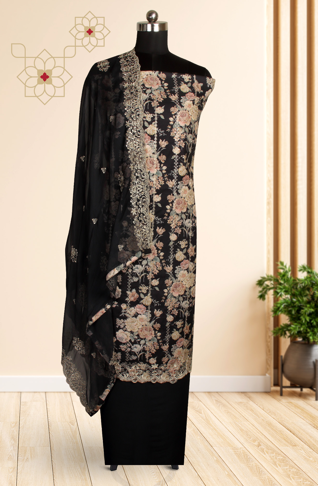 Black Beautiful Modal Unstitched Salwar Suit with Chiffon Dupatta - 838-334