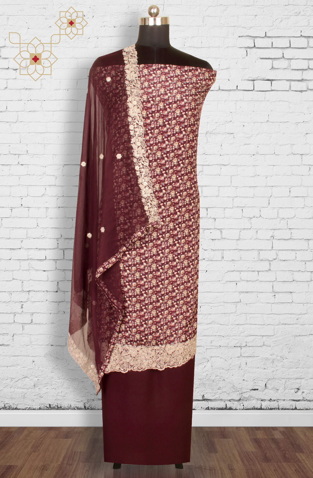 Wine Beautiful Muslin Salwar Suit with Chiffon Dupatta - 838-342