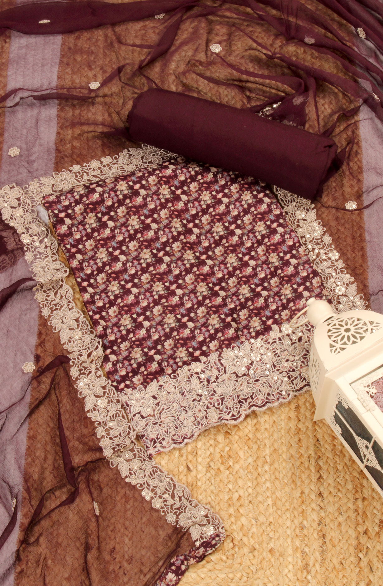 Wine Beautiful Muslin Salwar Suit with Chiffon Dupatta - 838-342