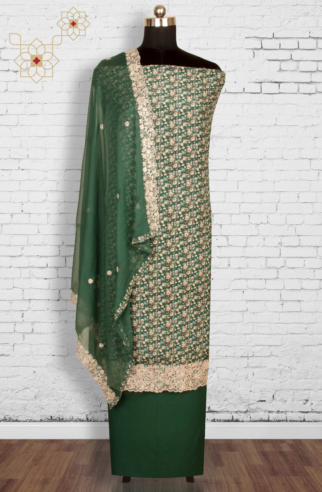 Bottle Green Beautiful Muslin Salwar Suit with Chiffon Dupatta - 838-342A