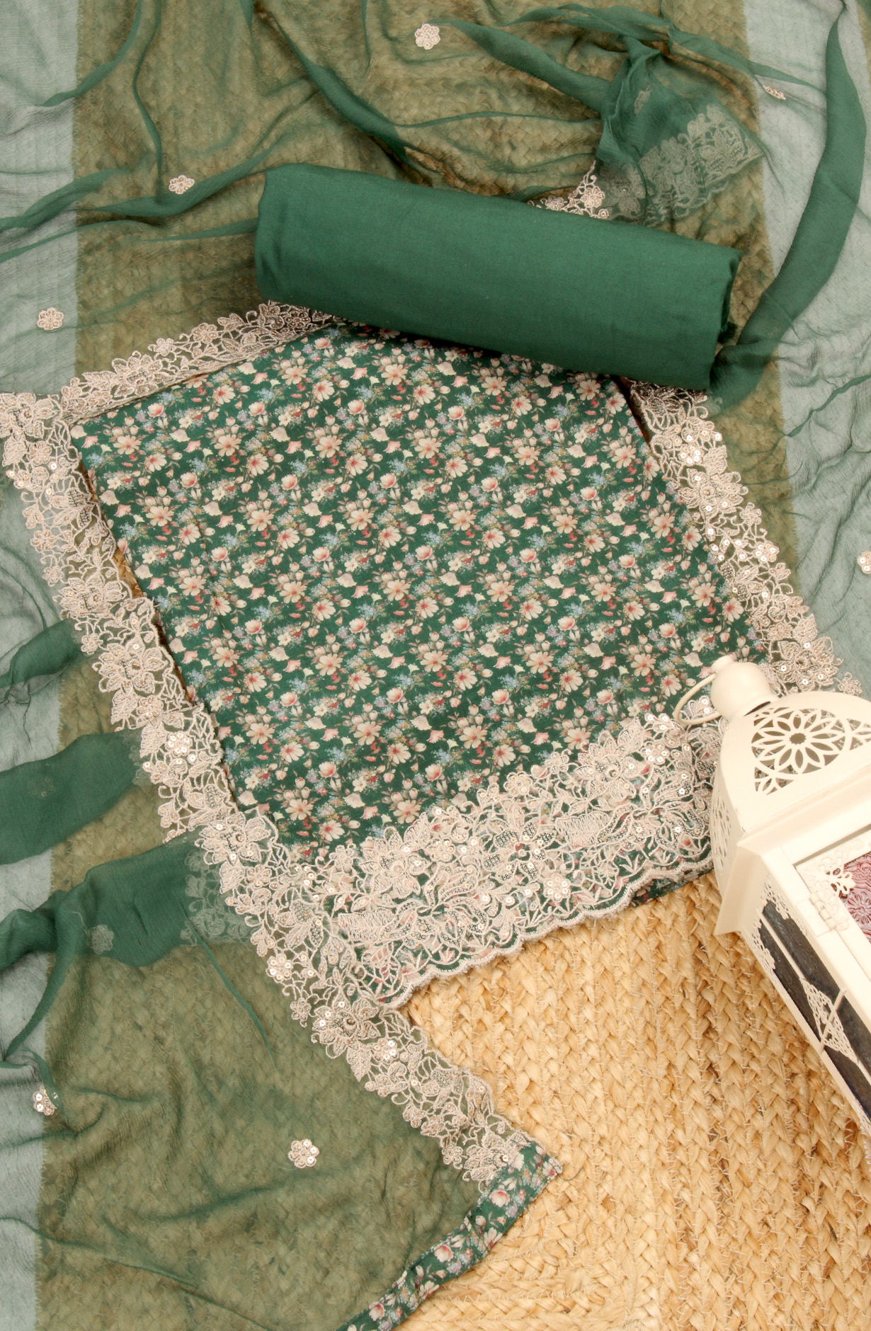 Bottle Green Beautiful Muslin Salwar Suit with Chiffon Dupatta - 838-342A