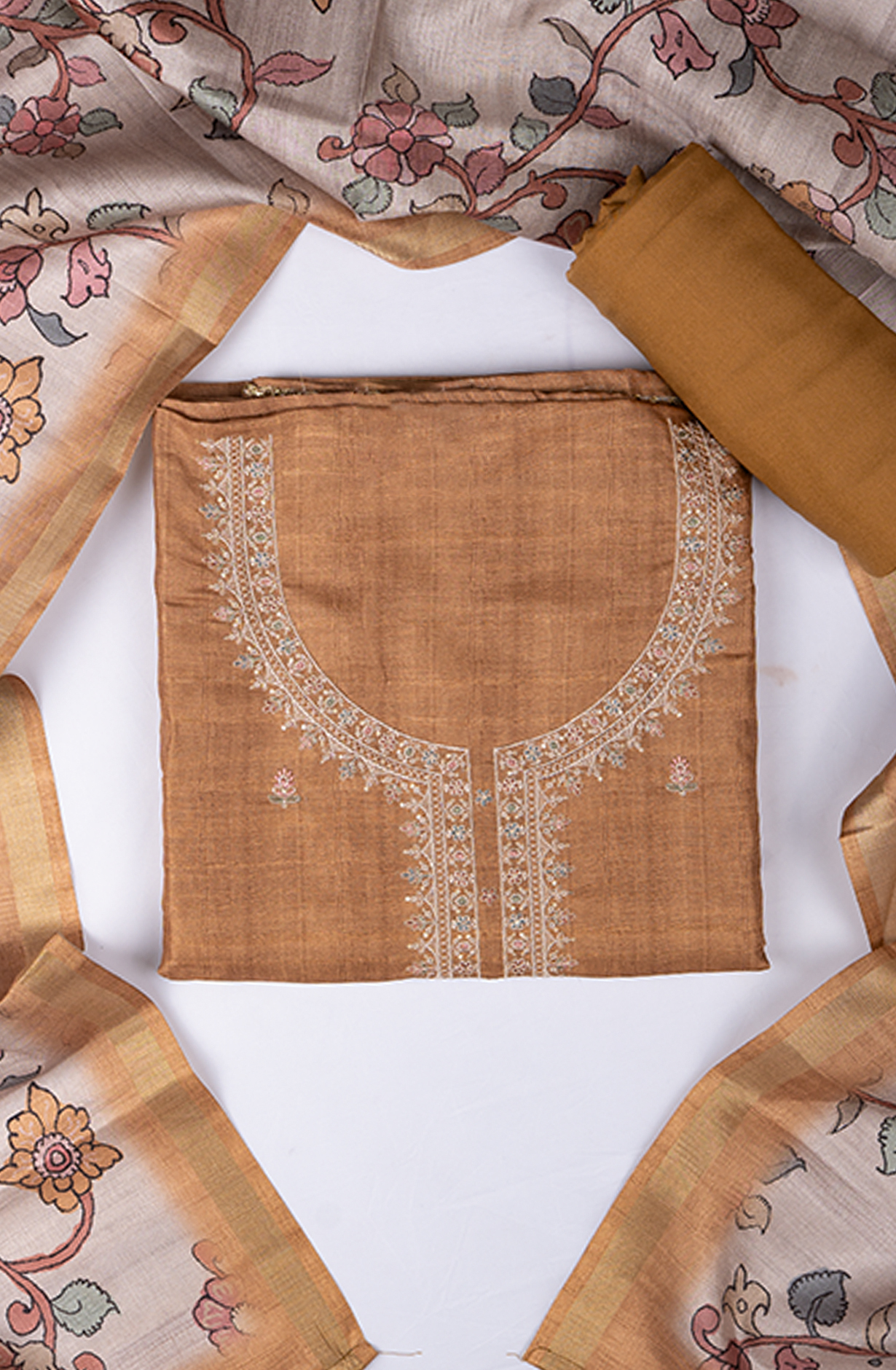 Mustard Tussar Silk Embroidered suit Dupatta - 838-3927A