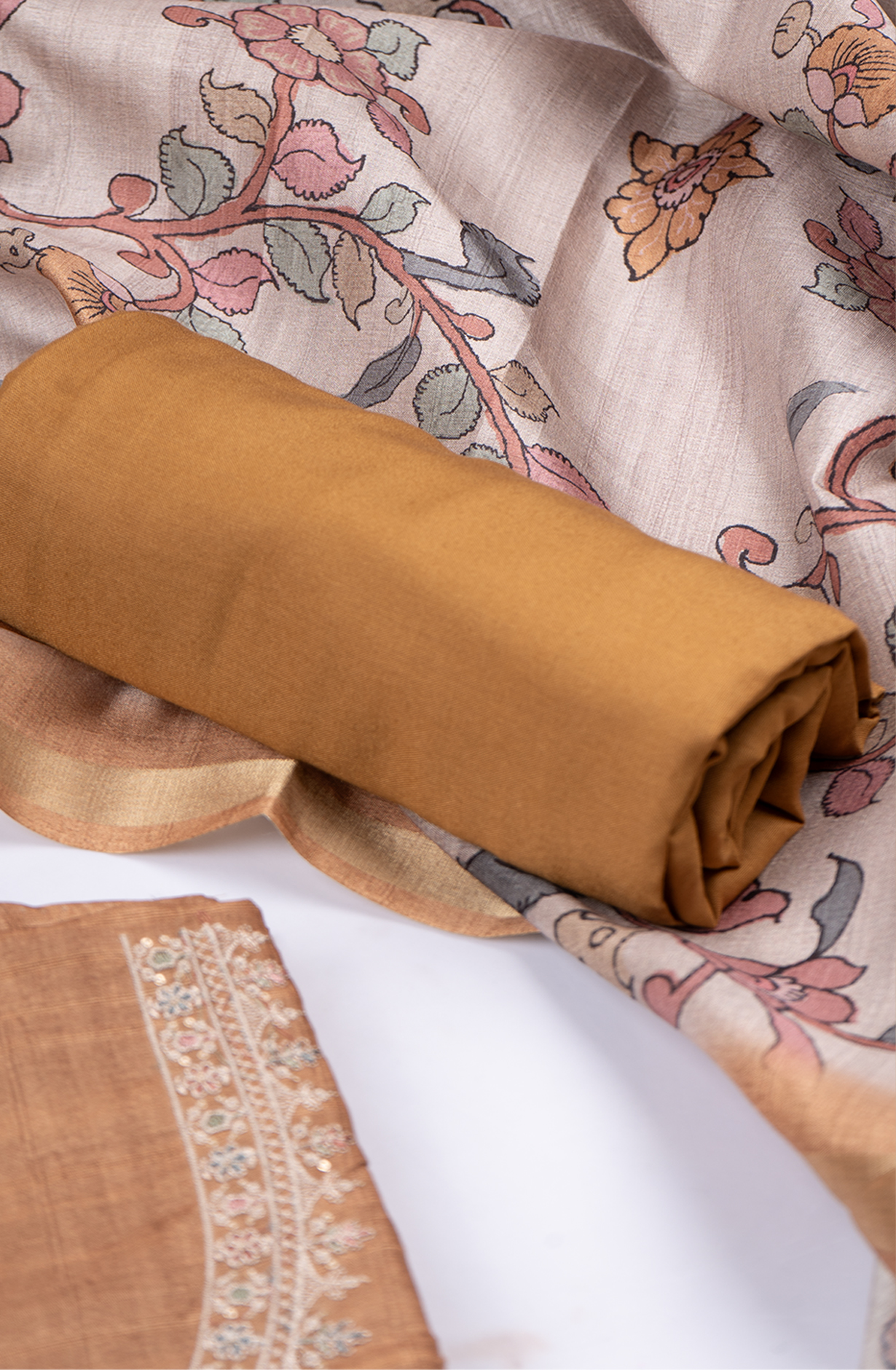 Mustard Tussar Silk Embroidered suit Dupatta - 838-3927A