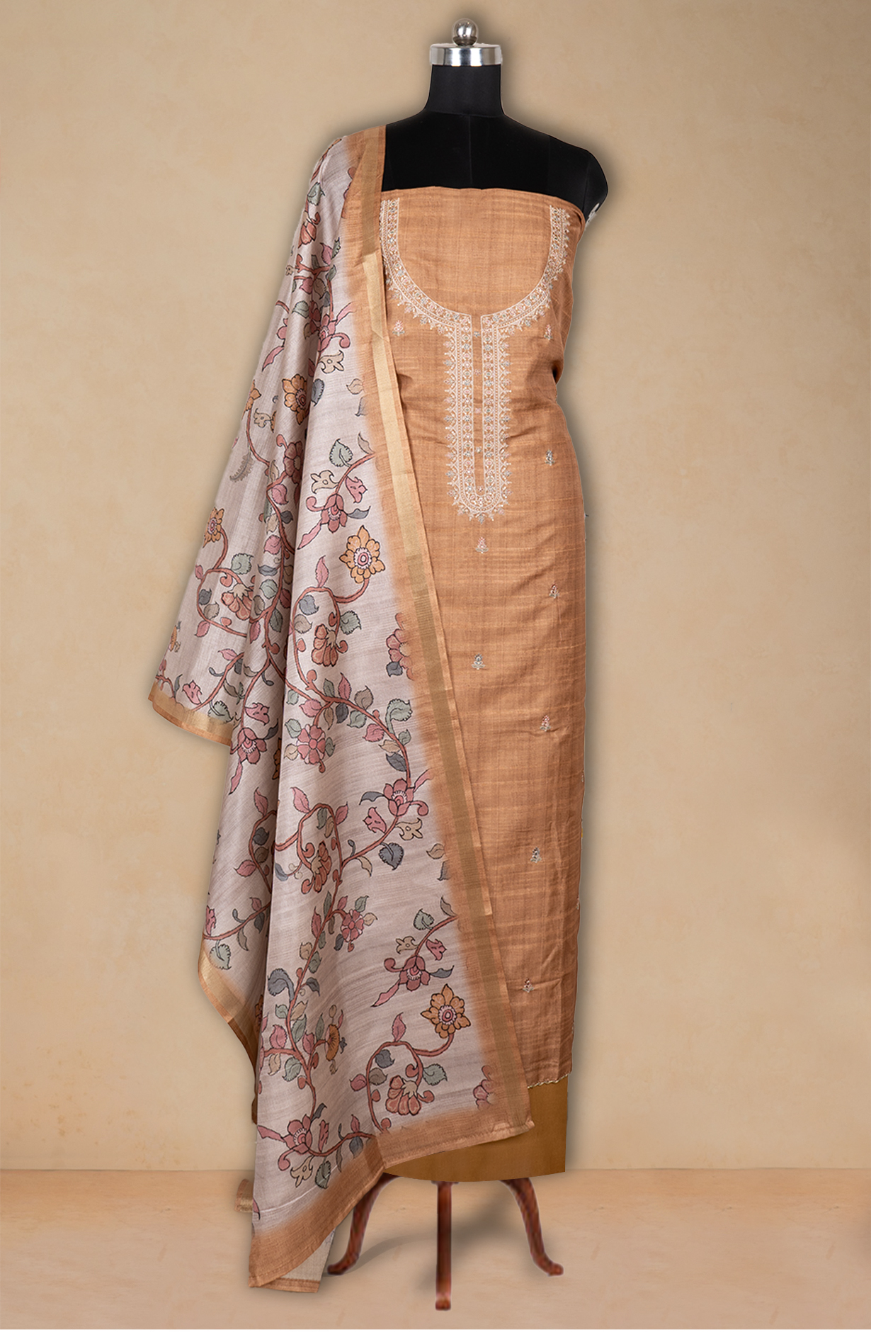 Mustard Tussar Silk Embroidered suit Dupatta - 838-3927A