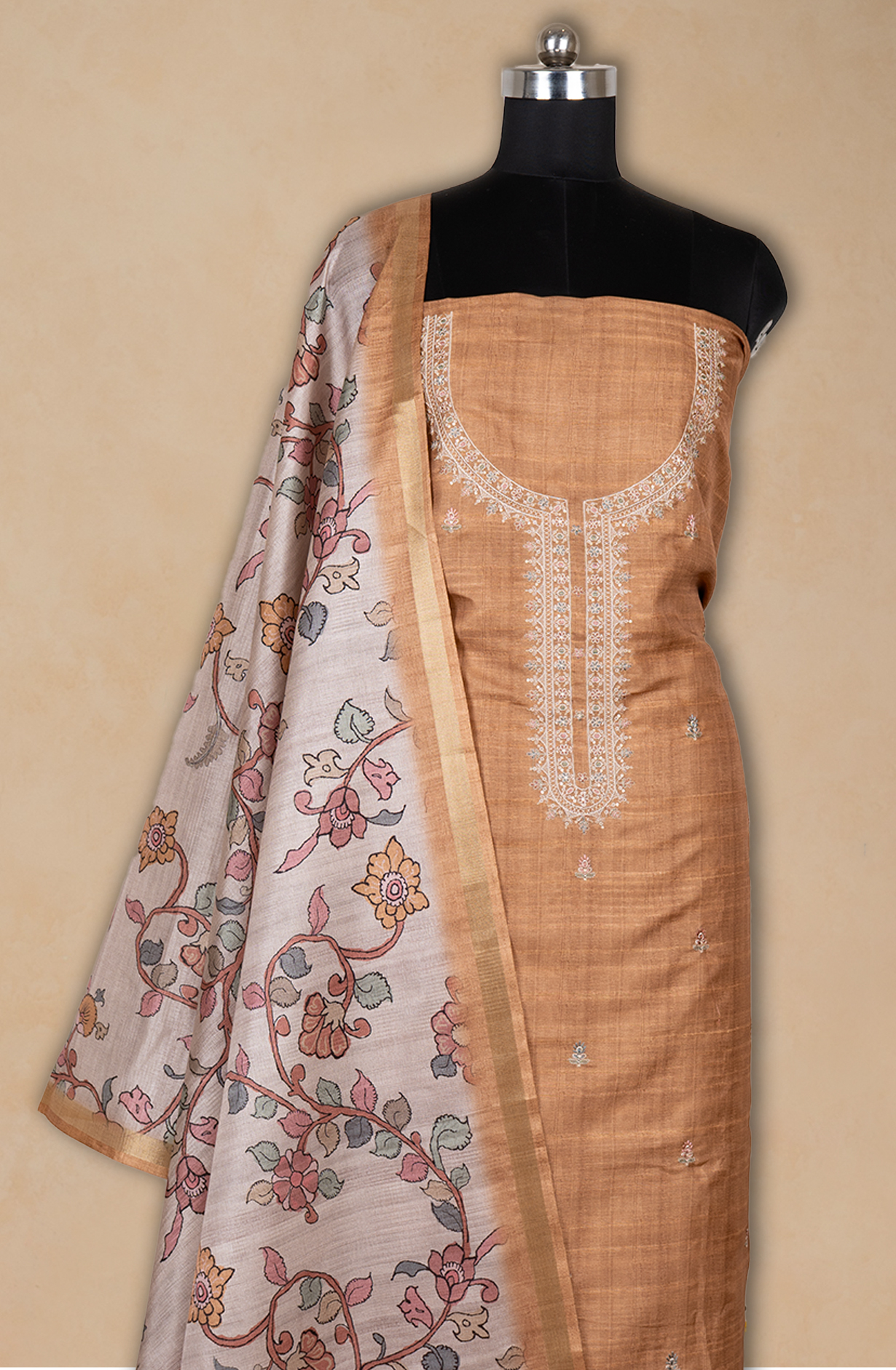 Mustard Tussar Silk Embroidered suit Dupatta - 838-3927A