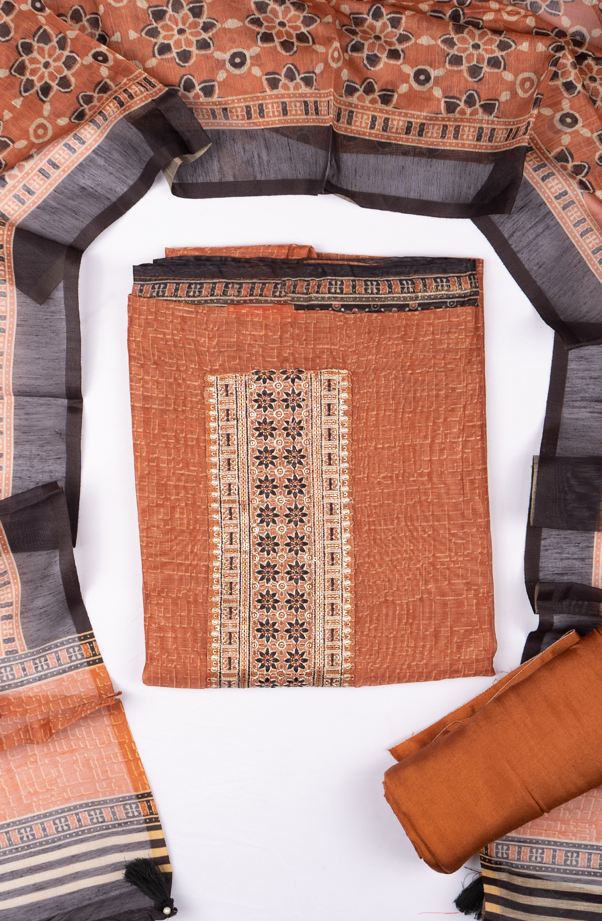 Rust Chanderi Printed Suit with Dupatta - 838-3963B