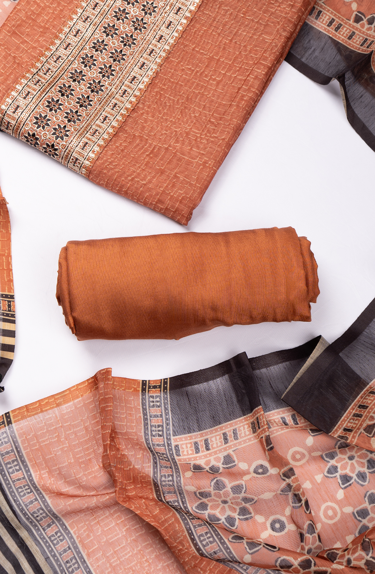 Rust Chanderi Printed Suit with Dupatta - 838-3963B