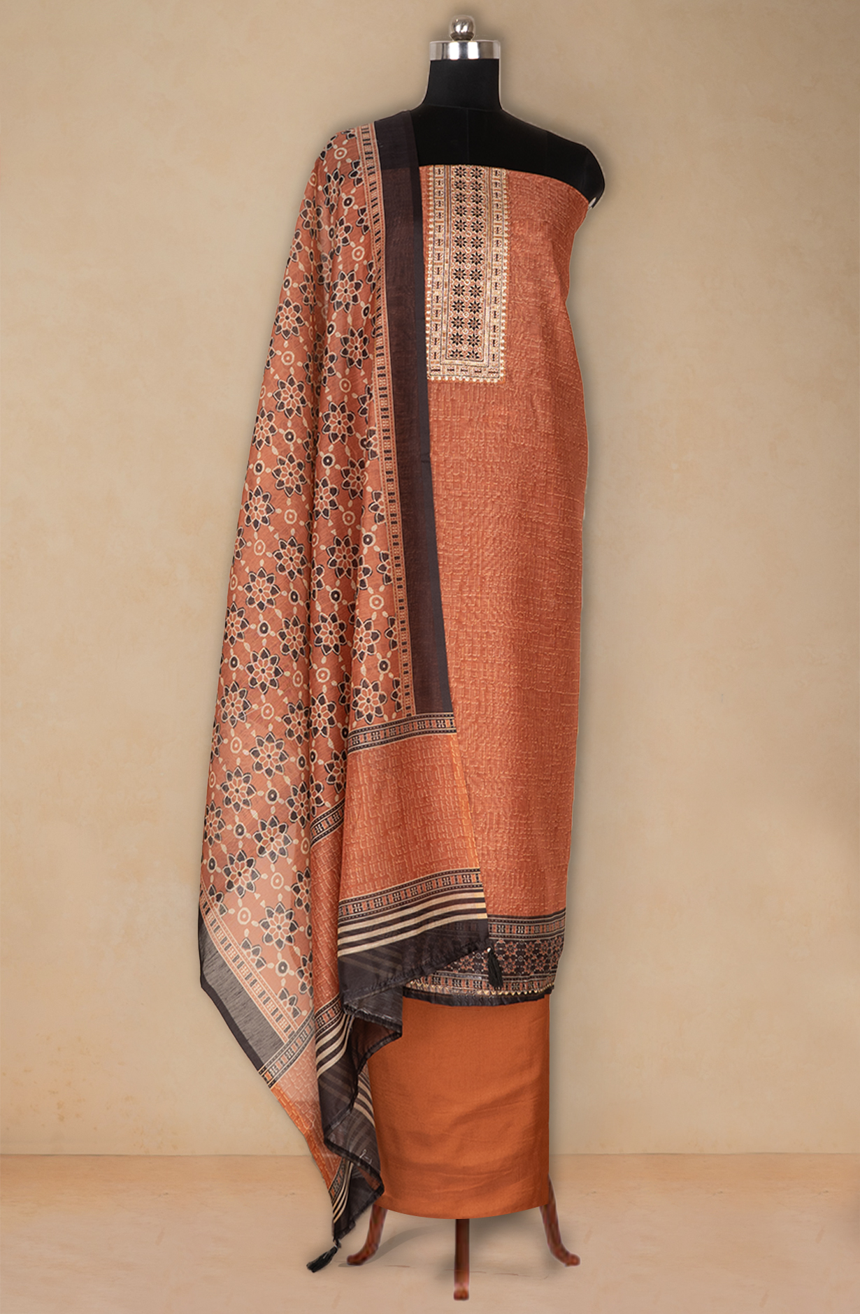 Rust Chanderi Printed Suit with Dupatta - 838-3963B