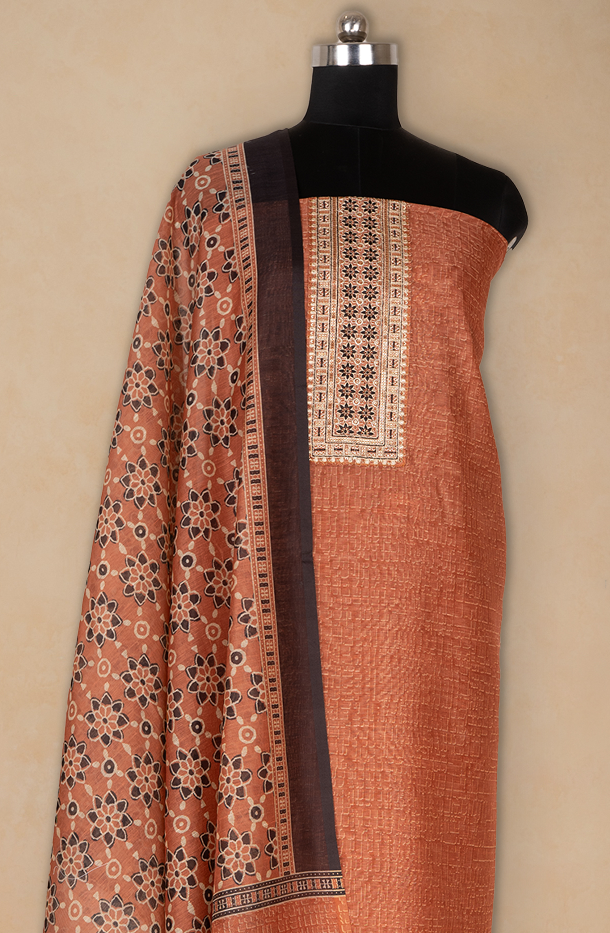 Rust Chanderi Printed Suit with Dupatta - 838-3963B