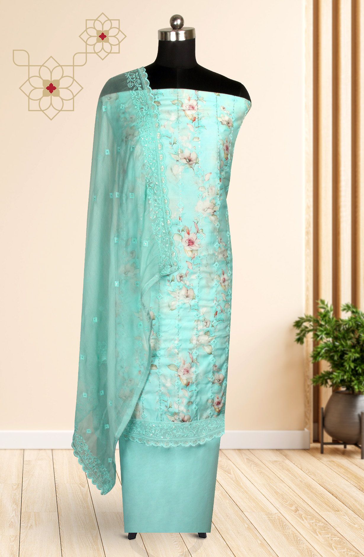 Sea Green Beautiful Modal Suit-set with Chiffon Dupatta - 838-4664