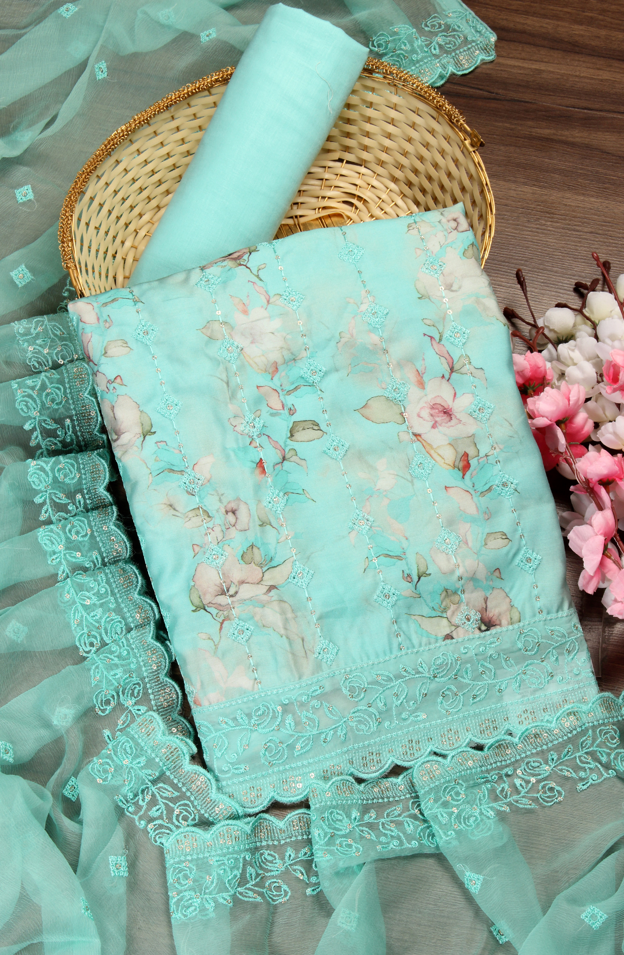 Sea Green Beautiful Modal Suit-set with Chiffon Dupatta - 838-4664