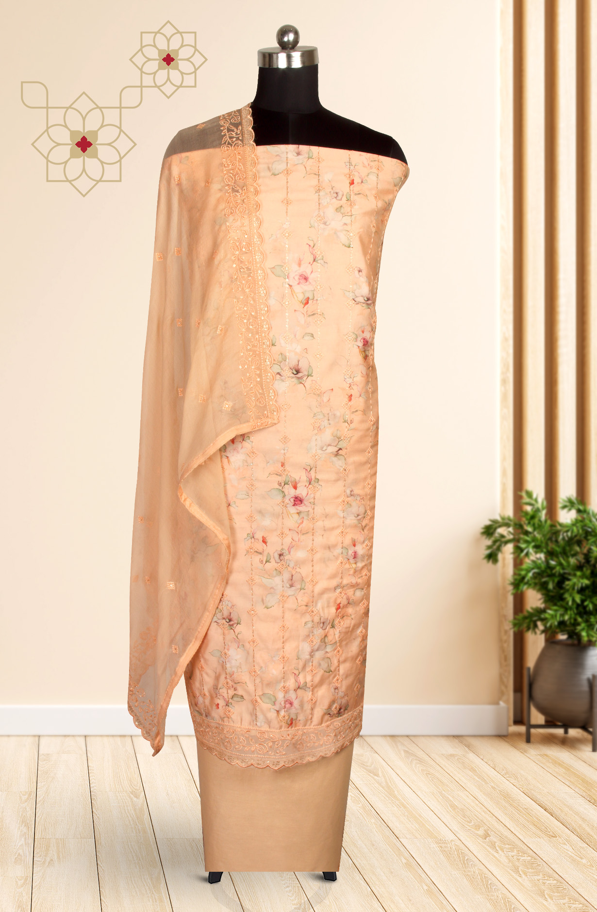 Peach Beautiful Modal Suit-set with Chiffon Dupatta - 838-4664A