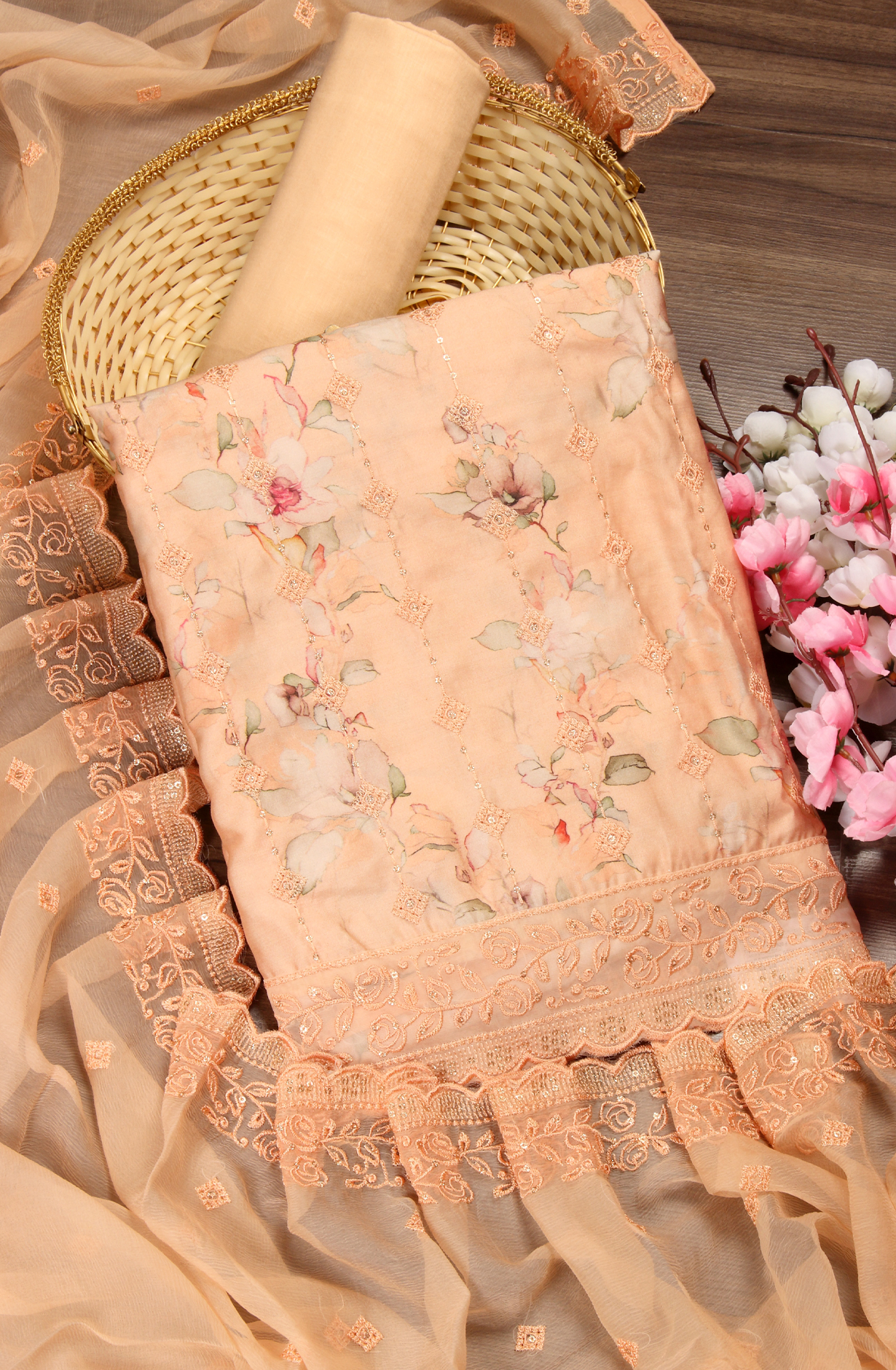 Peach Beautiful Modal Suit-set with Chiffon Dupatta - 838-4664A