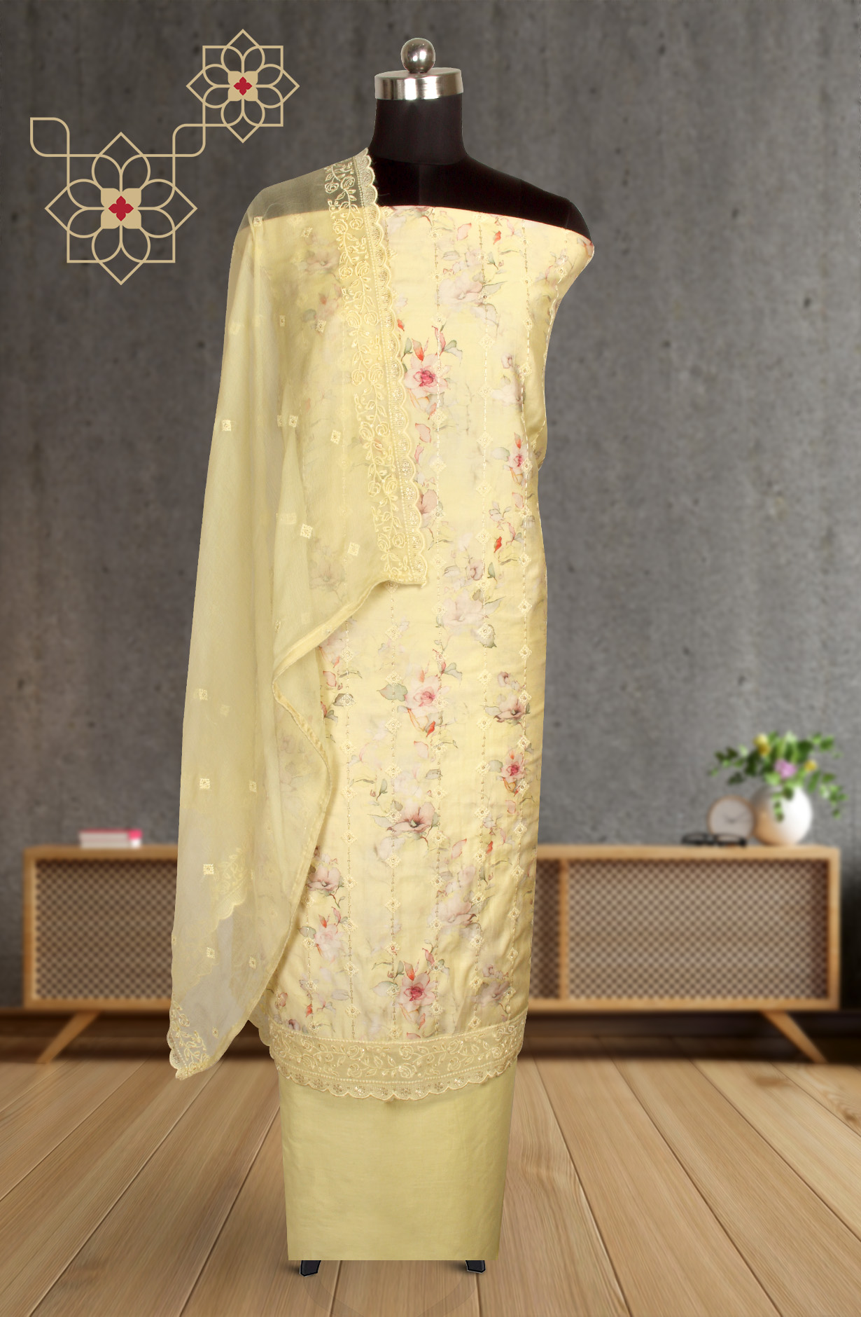 Yellow Beautiful Modal Suit-set with Chiffon Dupatta - 838-4664B