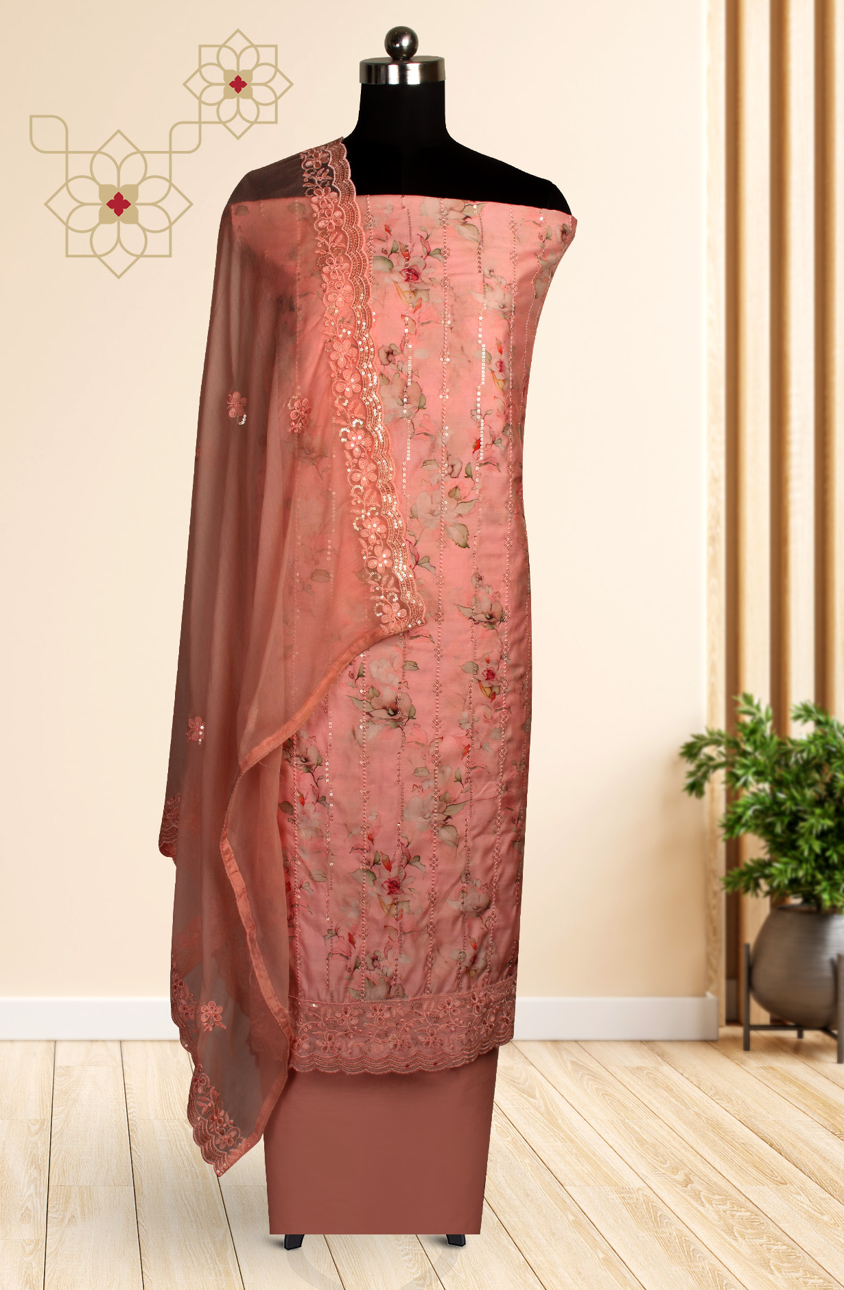 Pink Beautiful Modal Unstitched Salwar Suit with Chiffon Dupatta - 838-4664C