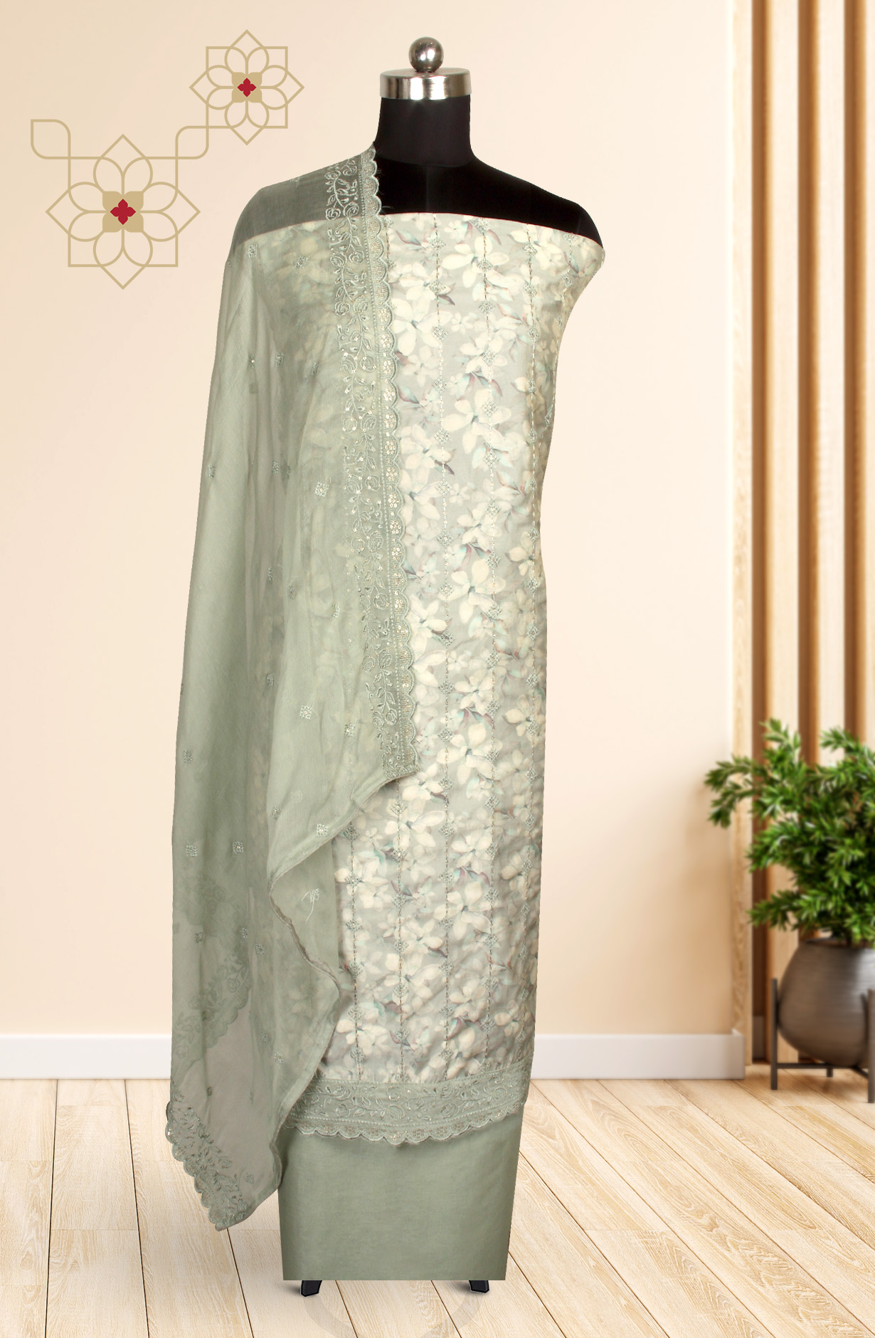 Sea Green Beautiful Modal Suit-set with Chiffon Dupatta - 838-4665A